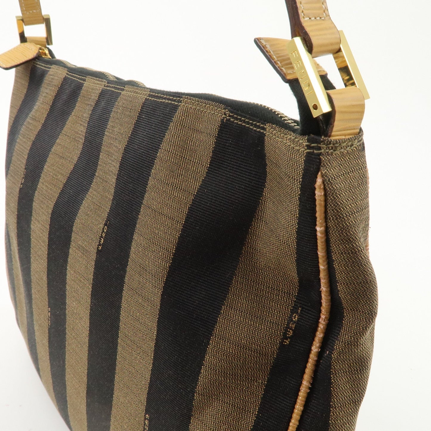 FENDI Pequin Canvas Leather Shoulder Bag Brown Black