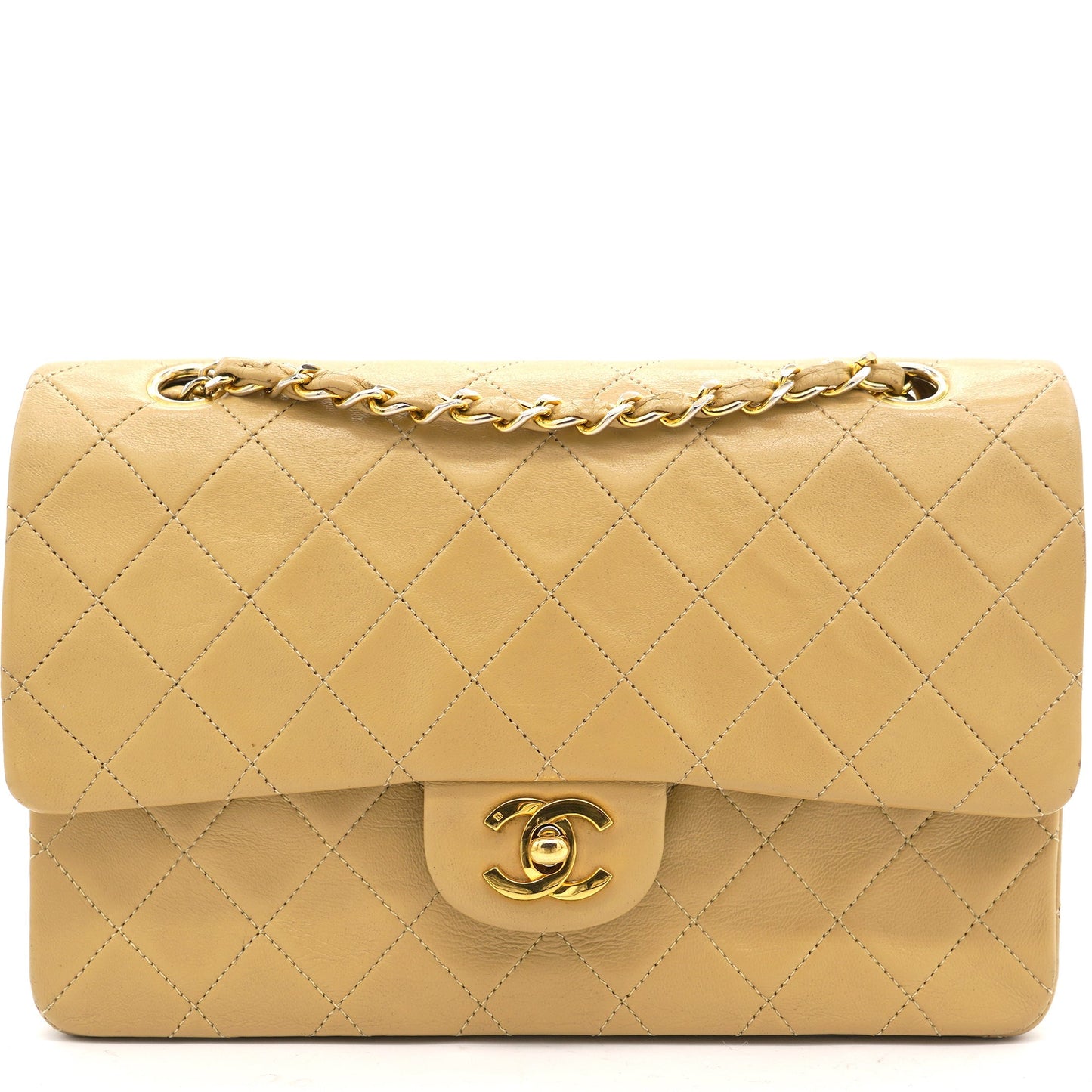 Chanel Beige Quilted Lambskin Leather Medium Classic   Double Flap Shoulder Bag