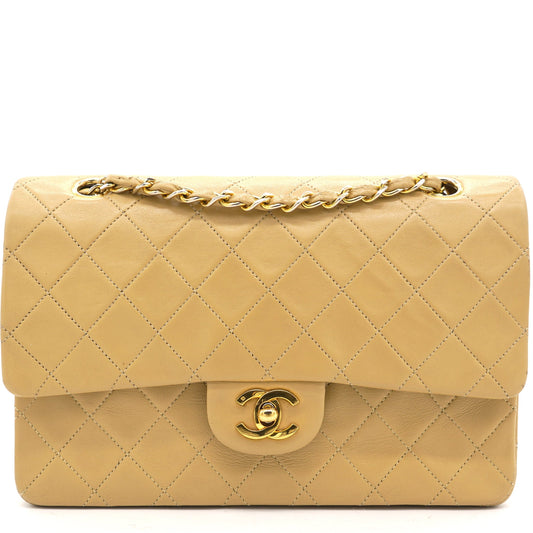 Chanel Beige Quilted Lambskin Leather Medium Classic   Double Flap Shoulder Bag