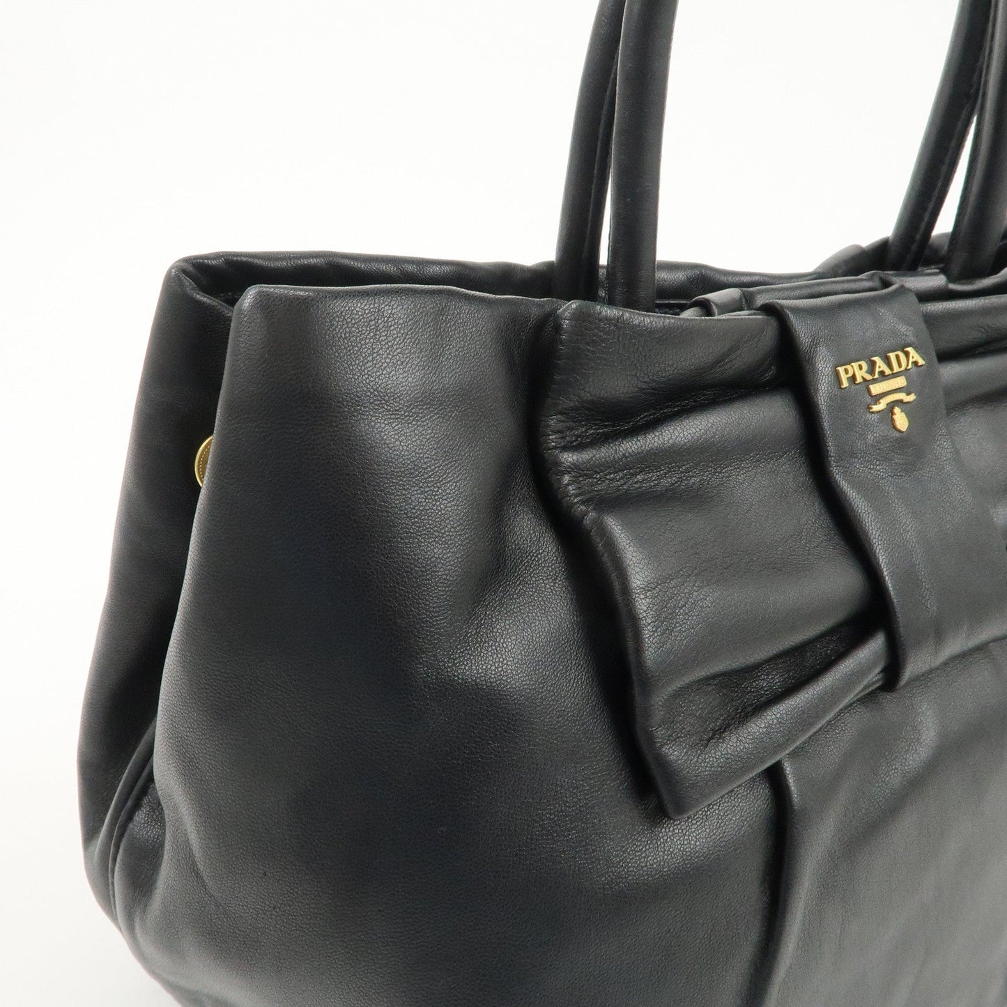 PRADA Leather Ribbon Tote Bag Hand Bag NERO Black BN1601