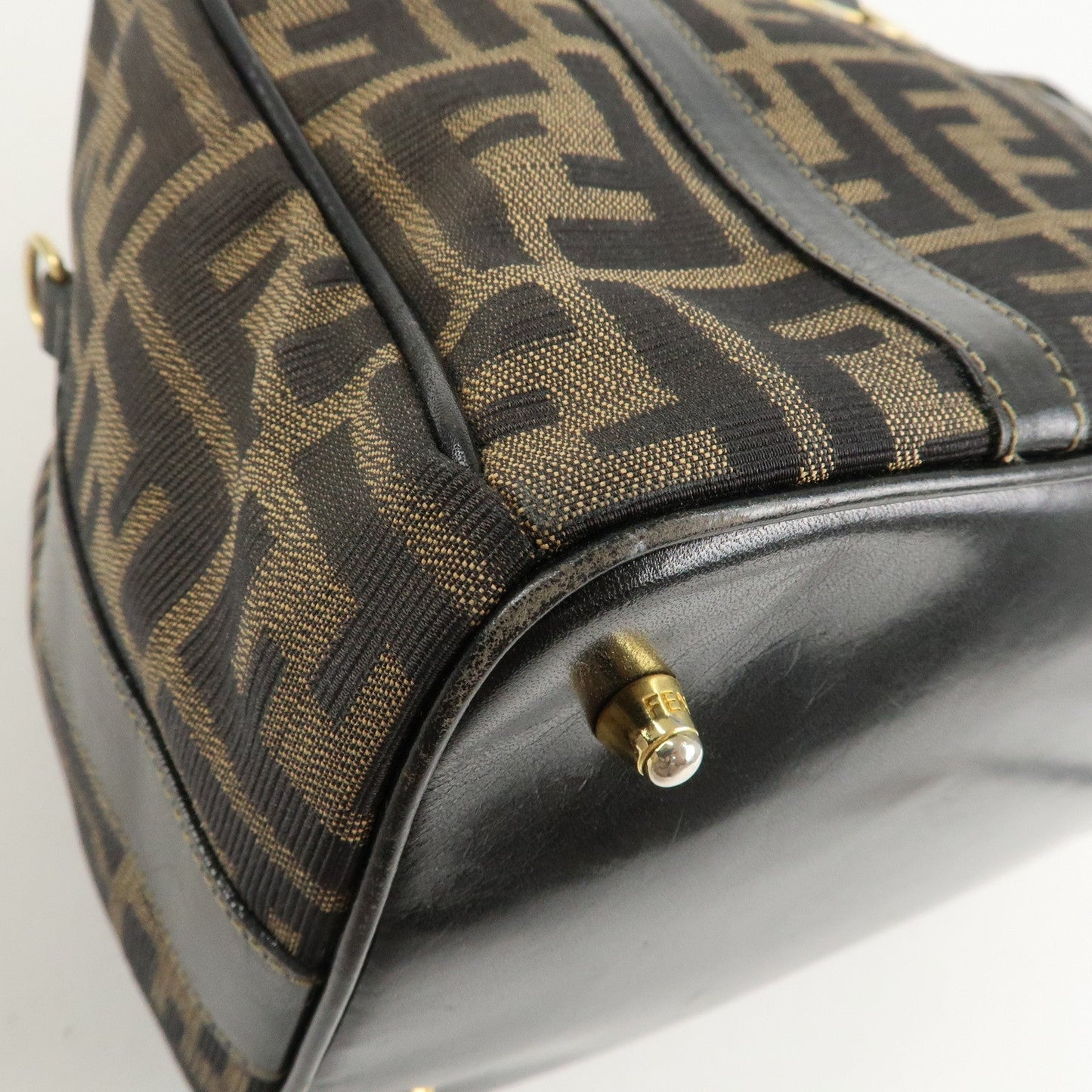 FENDI Zucca Canvas Leather Boston Bag Hand Bag Brown Black