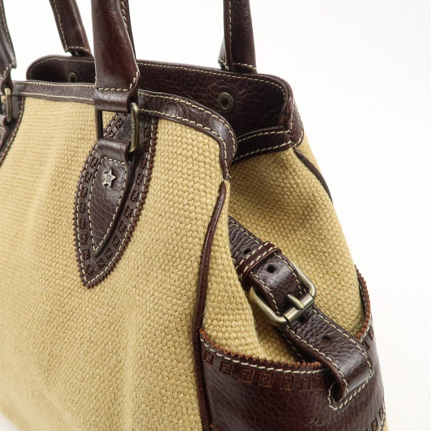 FENDI Ethnico Zucca Canvas Leather Shoulder Bag Beige Brown 8BN162