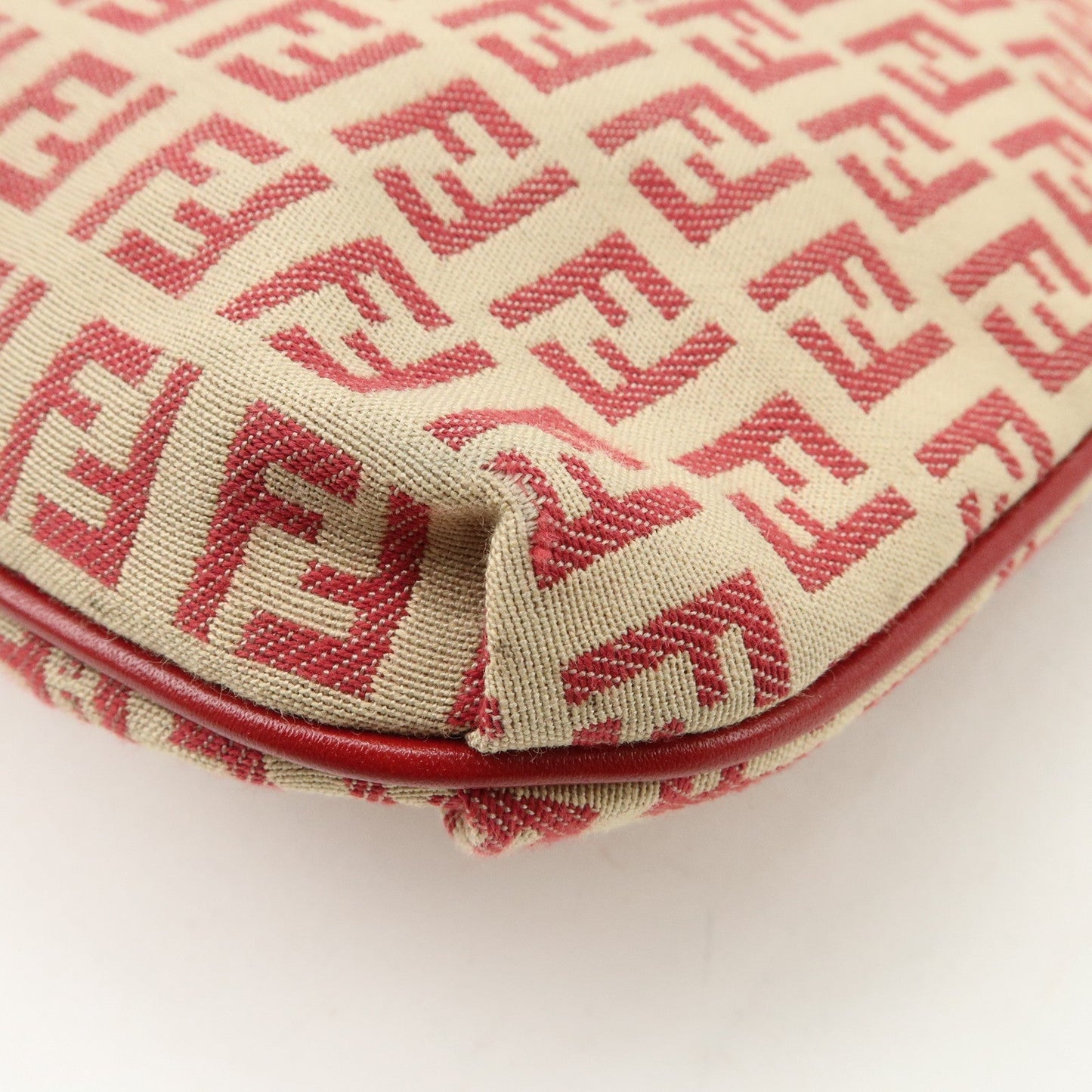FENDI Zucchino Canvas Leather Shoulder Bag Beige Red 8BT075