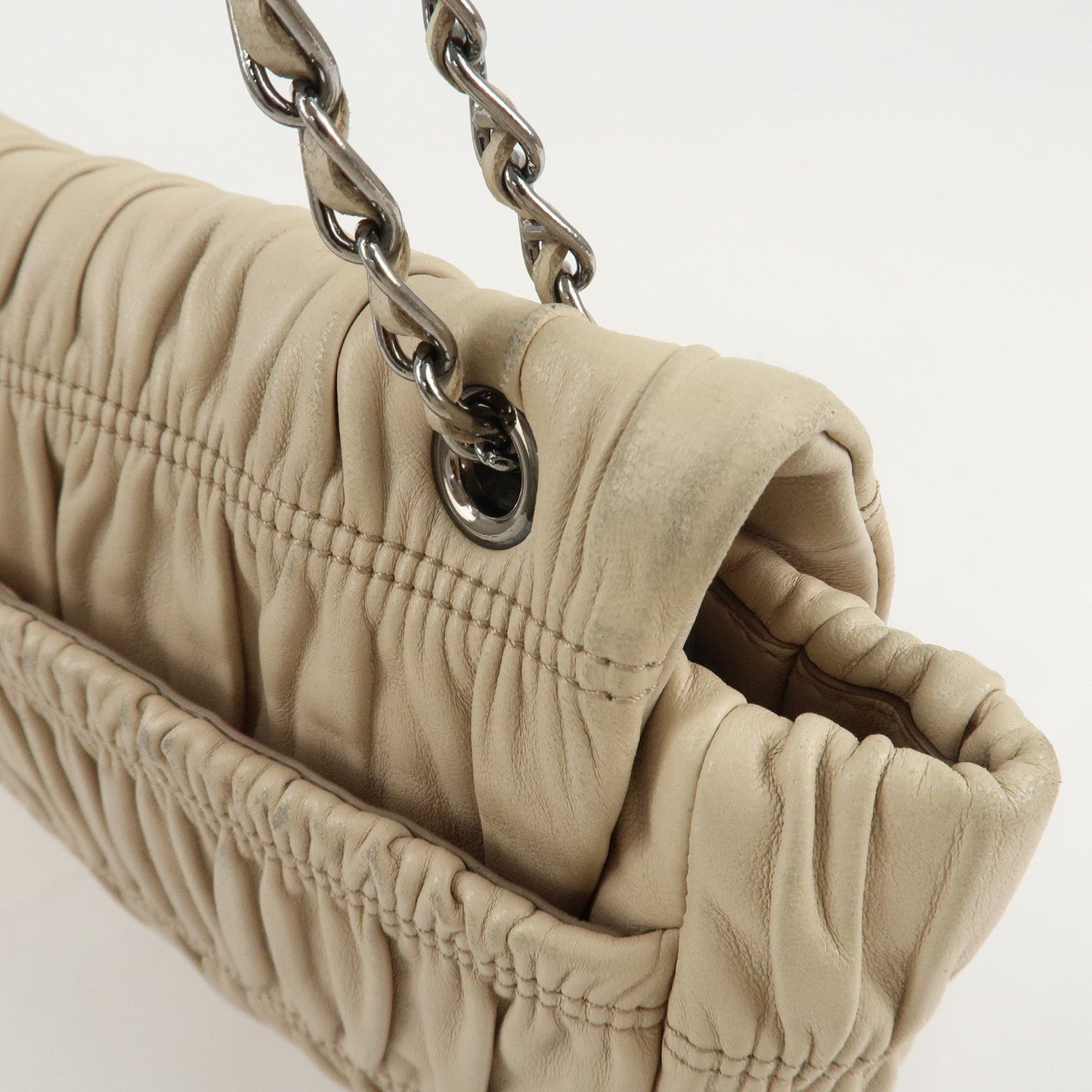PRADA Leather Gathered Chain Shoulder Bag Ivory B4695C