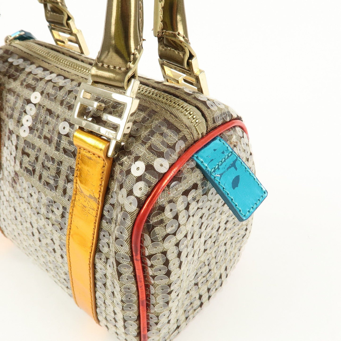 FENDI Zucchino Flip Sequin Canvas Patent Leather Boston Bag 8BL071