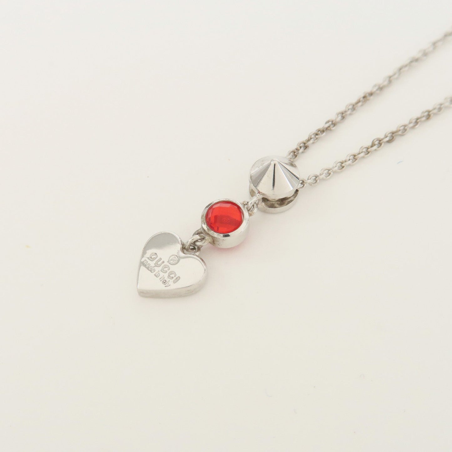 GUCCI SV925 Rhinestone Necklace Heart Silver Red 325871