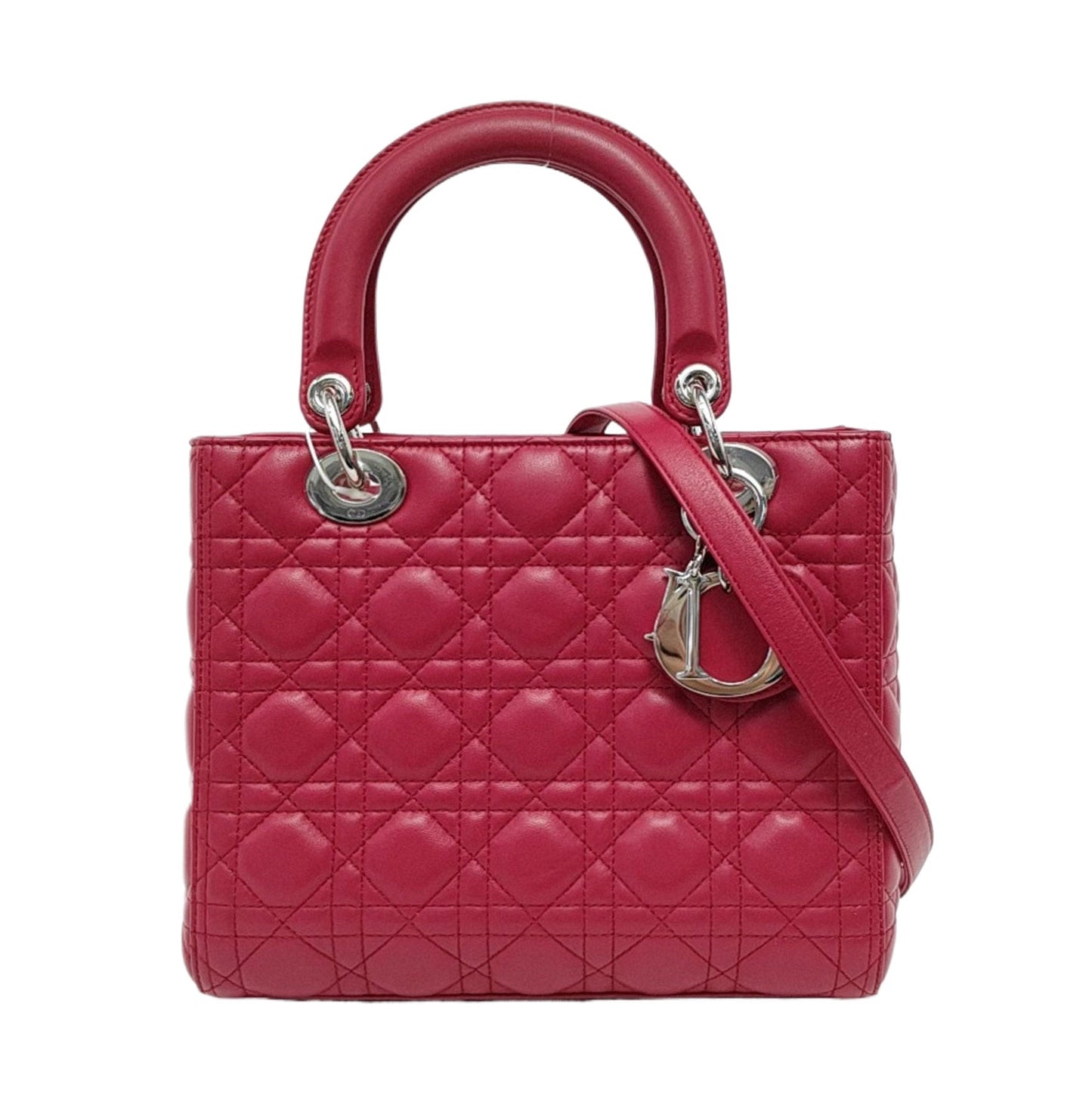 Lady Dior Medium Red Lambskin Leather Gold Hardware Leather Strap