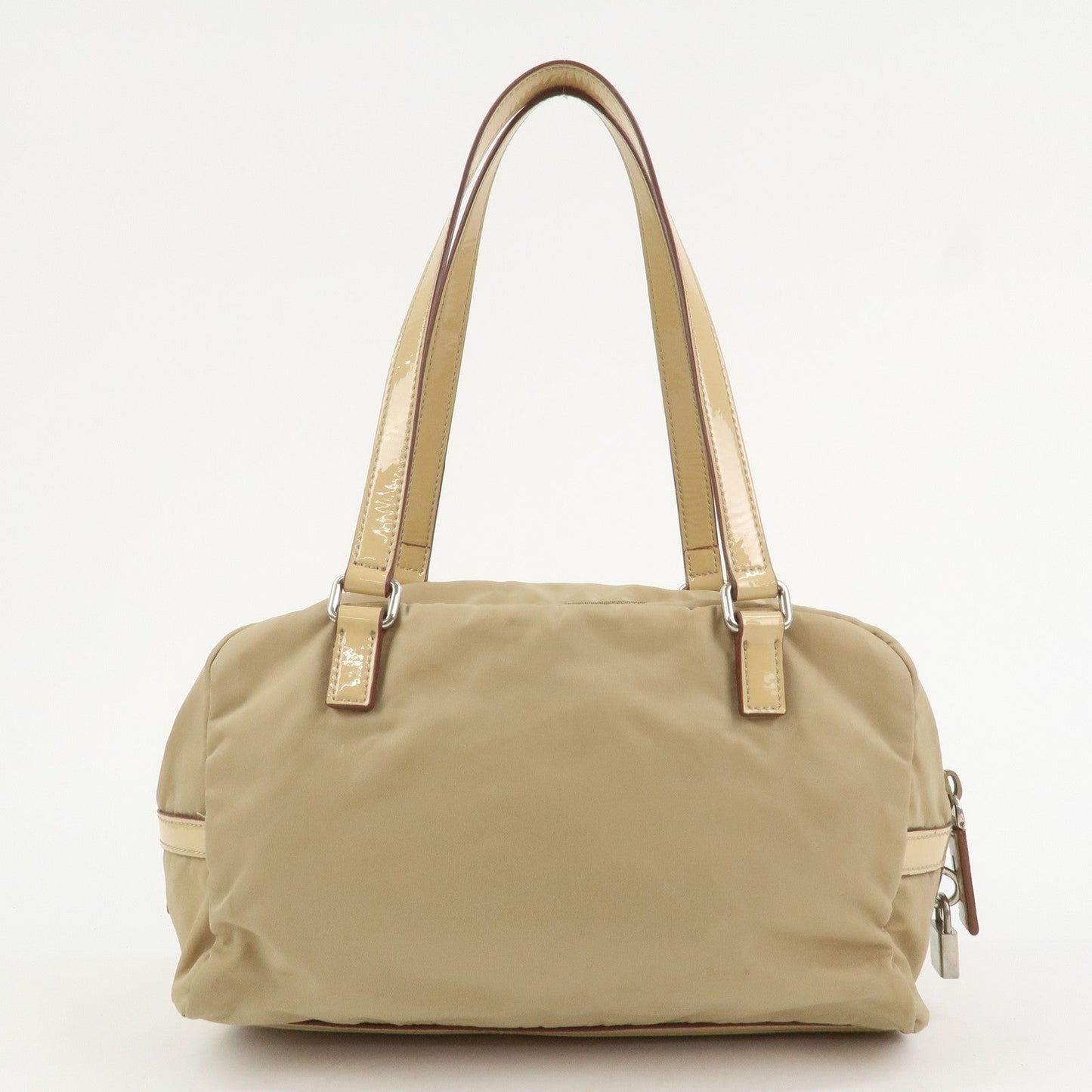 PRADA Logo Nylon Patent Leather Mini Boston Bag Beige BR3150