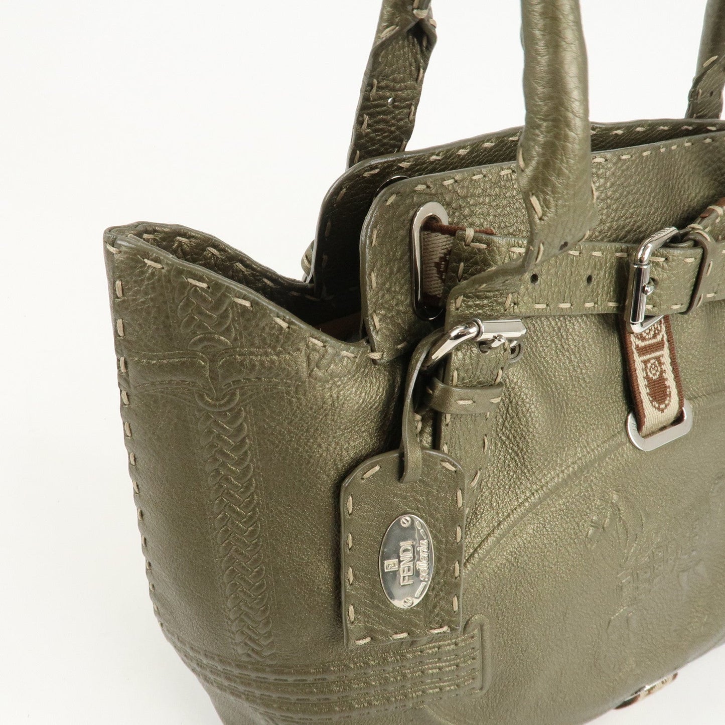 FENDI Selleria Leather Tote Bag Shoulder Bag Khaki 8BN155