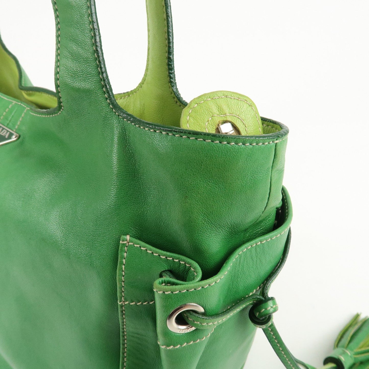 PRADA Logo Leather Tassel Shoulder Bag Hand Bag Green