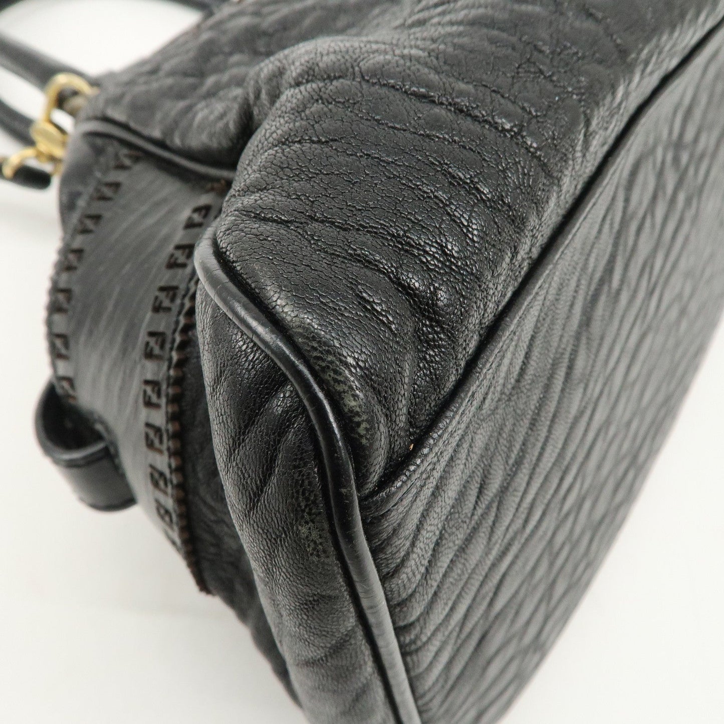 FENDI Ethnico Zucca Canvas Leather Shoulder Bag Black 8BN157