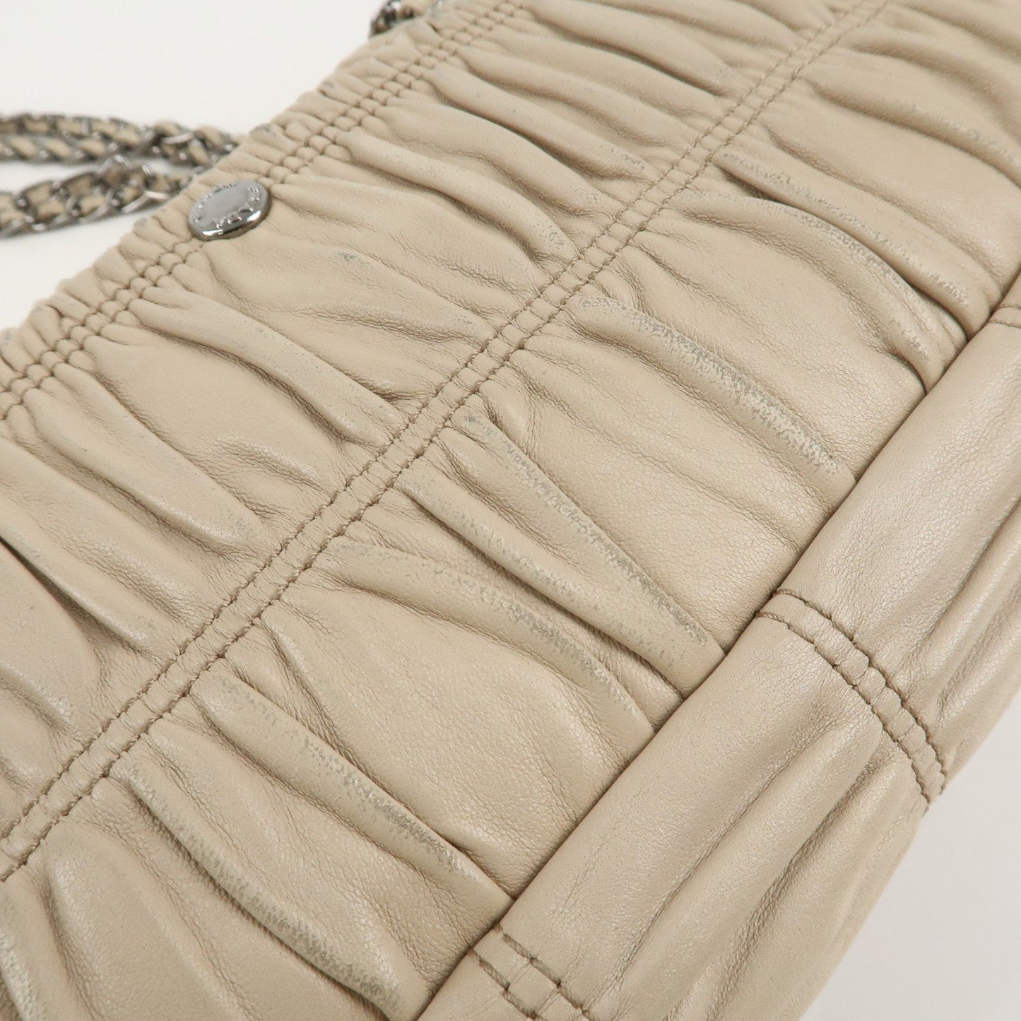 PRADA Leather Gathered Chain Shoulder Bag Ivory B4695C