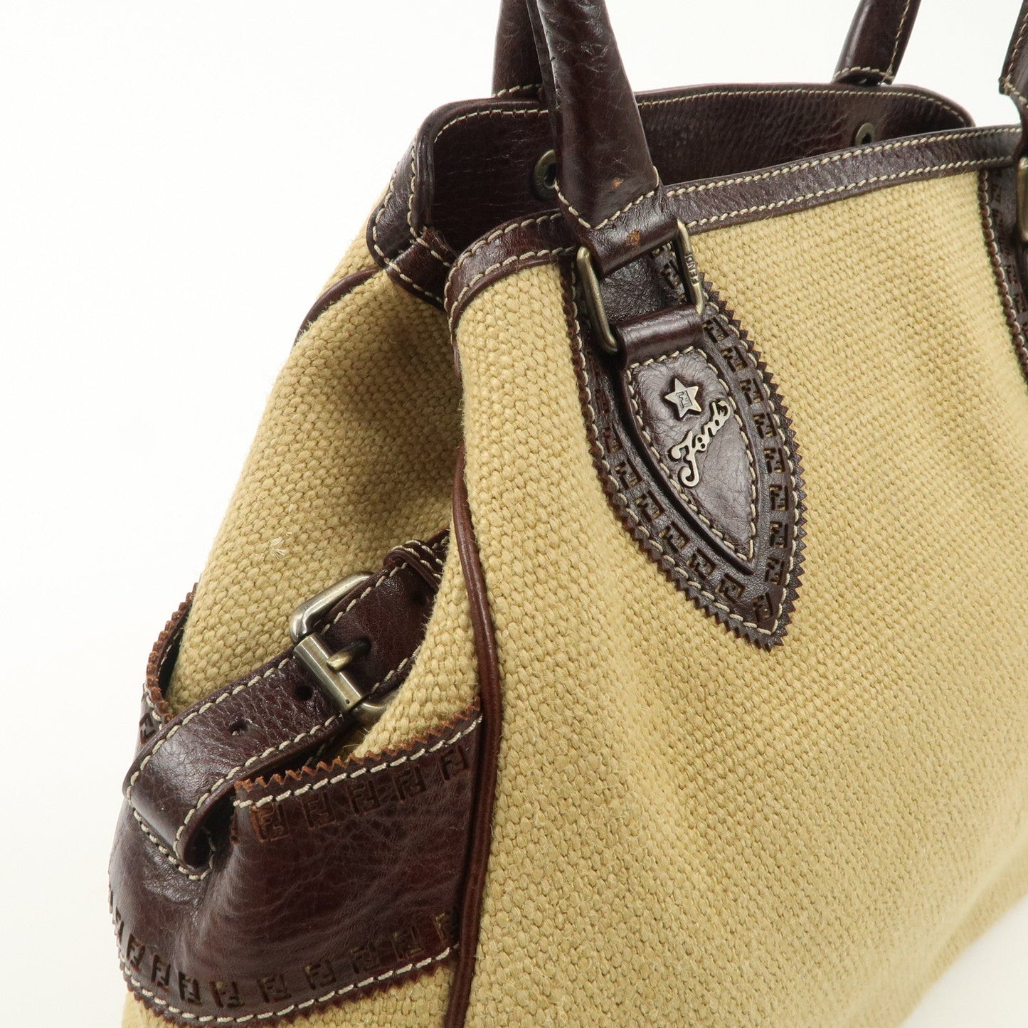 FENDI Ethnico Zucca Canvas Leather Shoulder Bag Beige Brown 8BN162