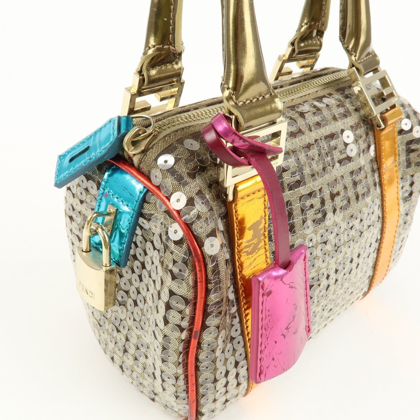 FENDI Zucchino Flip Sequin Canvas Patent Leather Boston Bag 8BL071