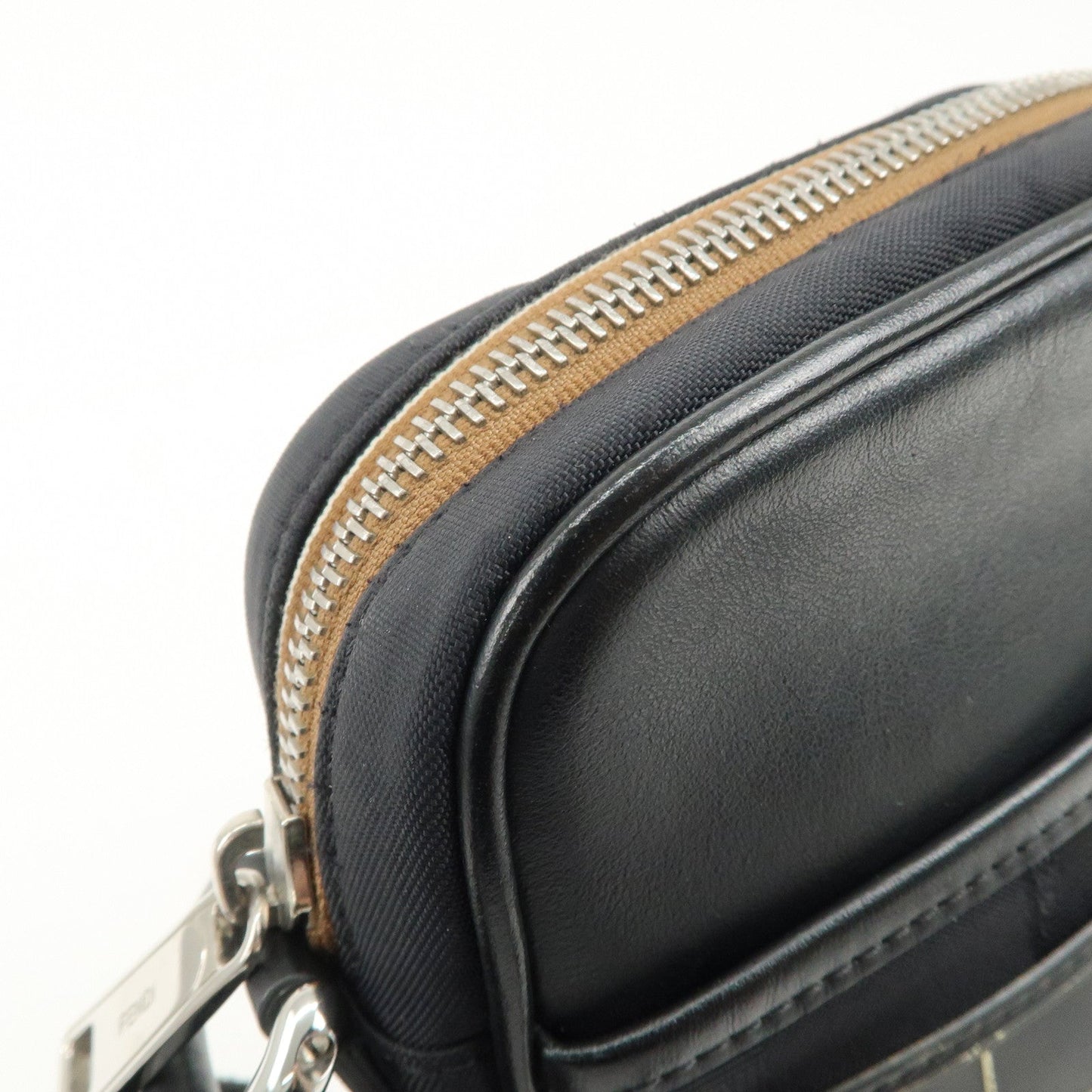 FENDI Pequin Nylon Leather Shoulder Bag Black 7VA456