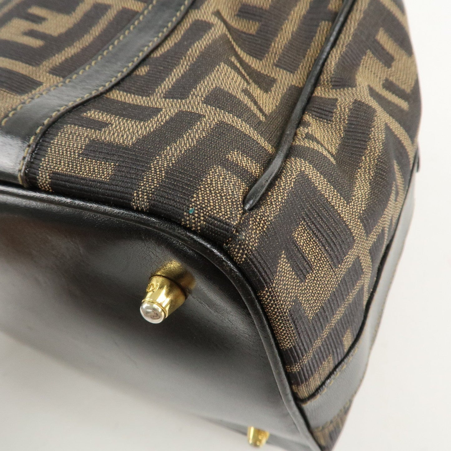 FENDI Zucca Canvas Leather Boston Bag Hand Bag Brown Black