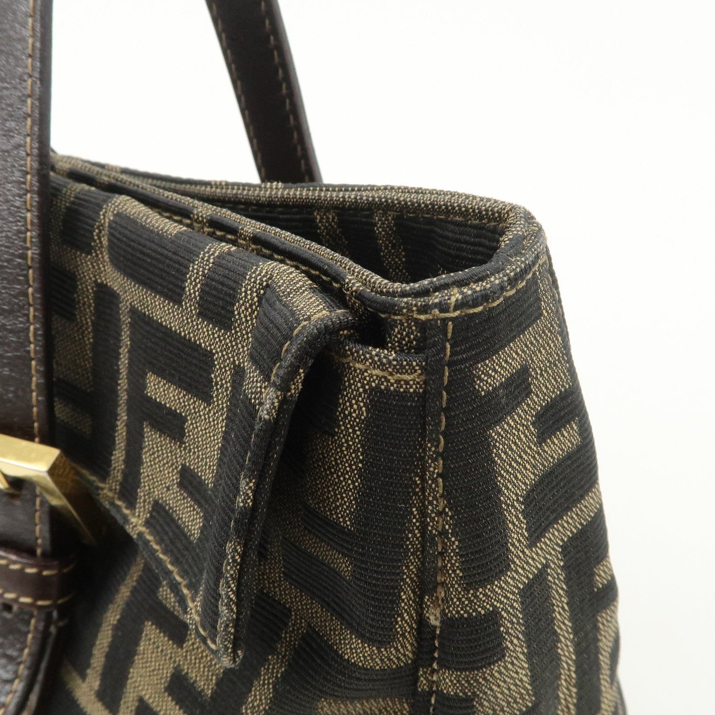 FENDI Zucca Canvas Leather Hand Bag Brown Black Gold Hardware