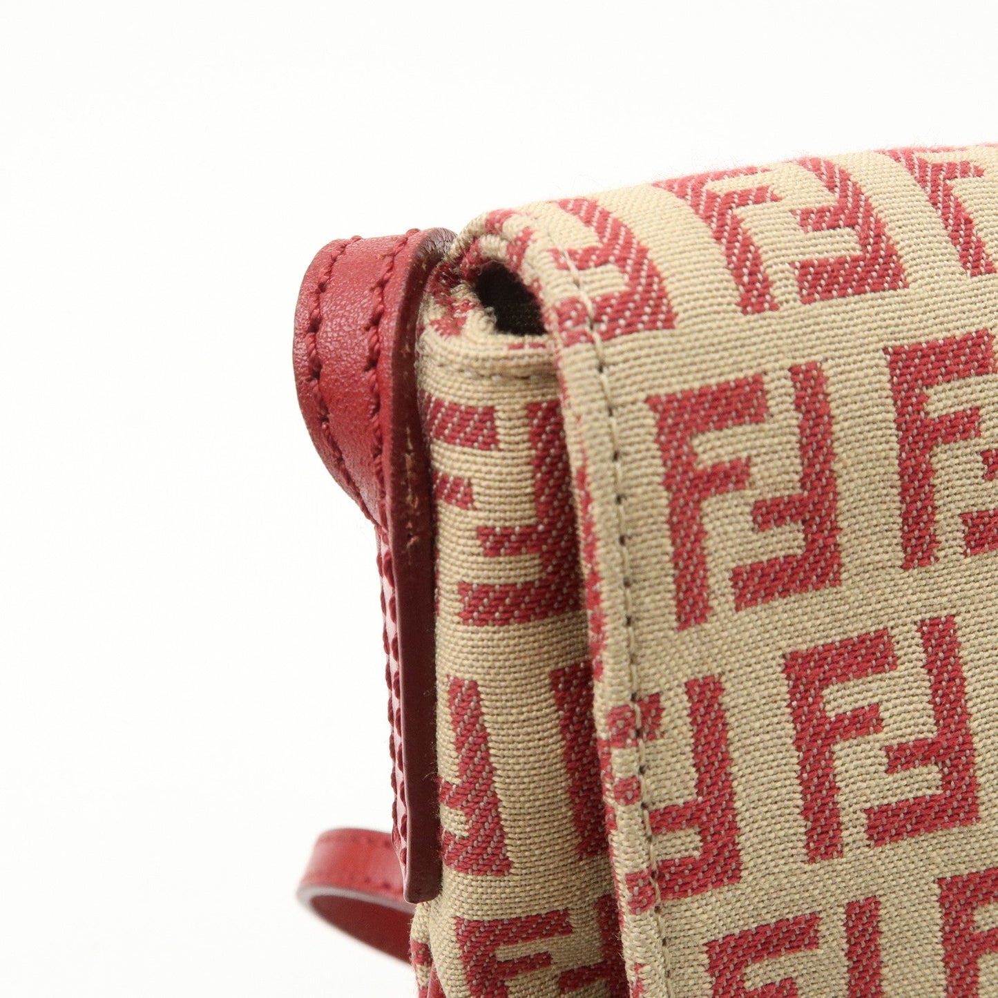 FENDI Zucchino Canvas Leather Shoulder Bag Beige Red 8BT075