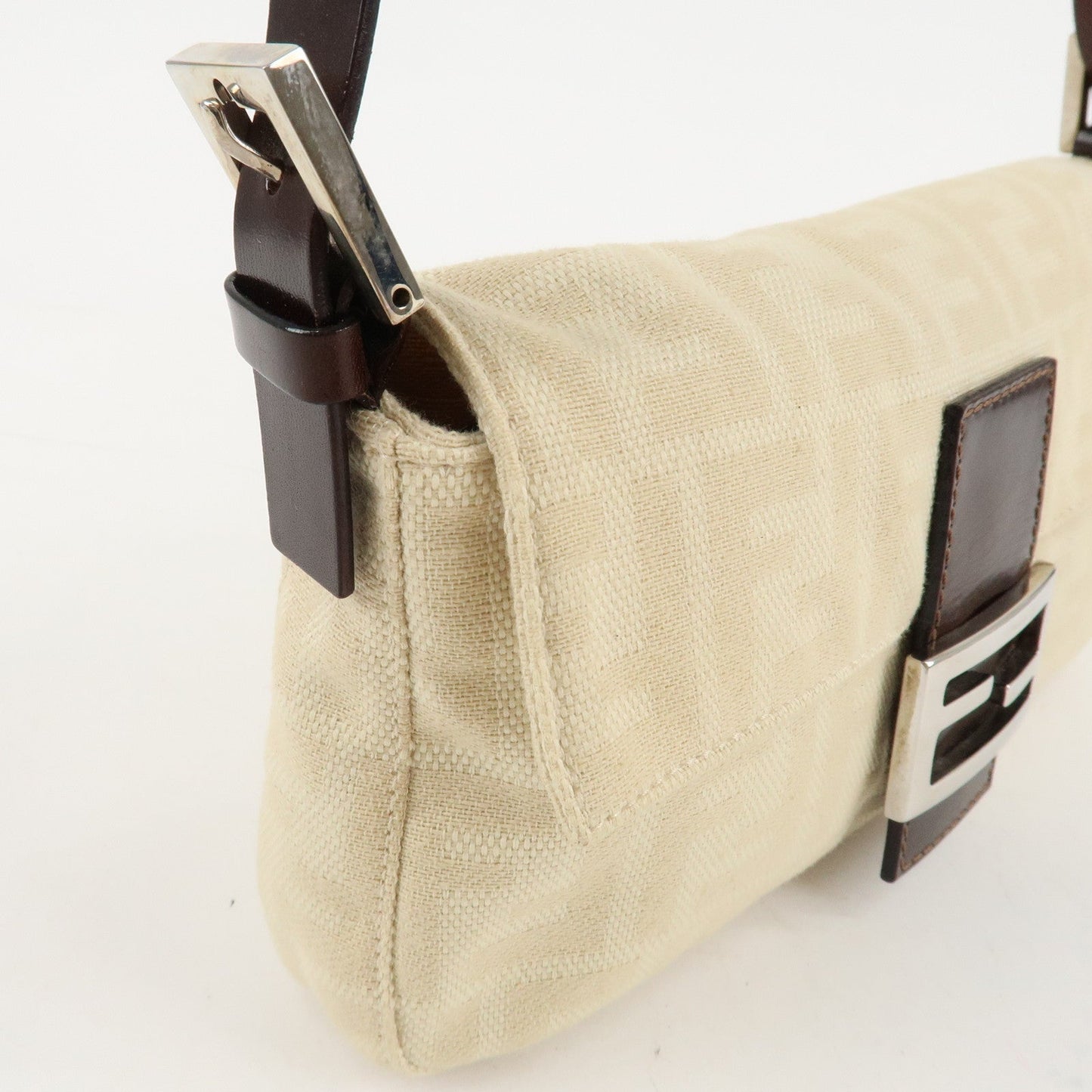 FENDI Mamma Baguette Zucca Canvas Leather Shoulder Bag Beige 26424