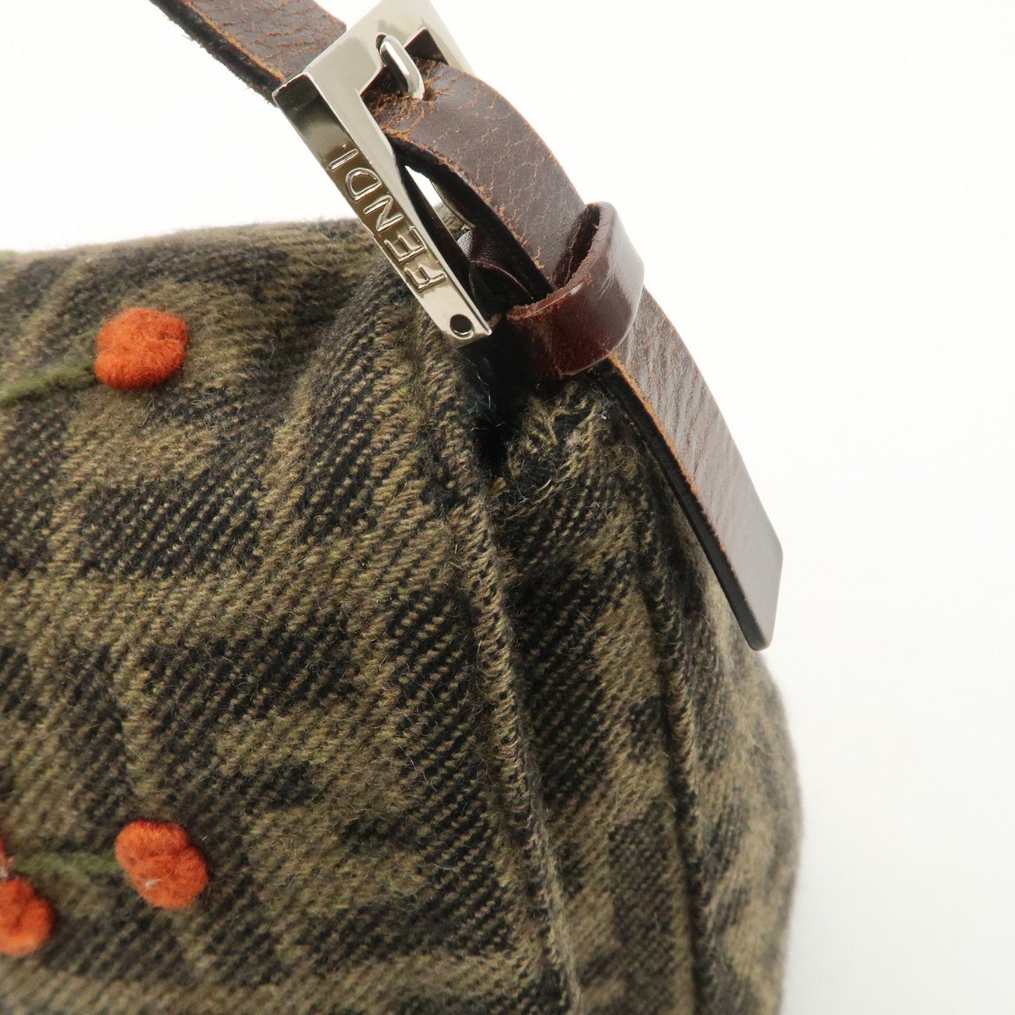 FENDI Mamma Baguette Wool Leather Shoulder Bag Tree Motif Khaki