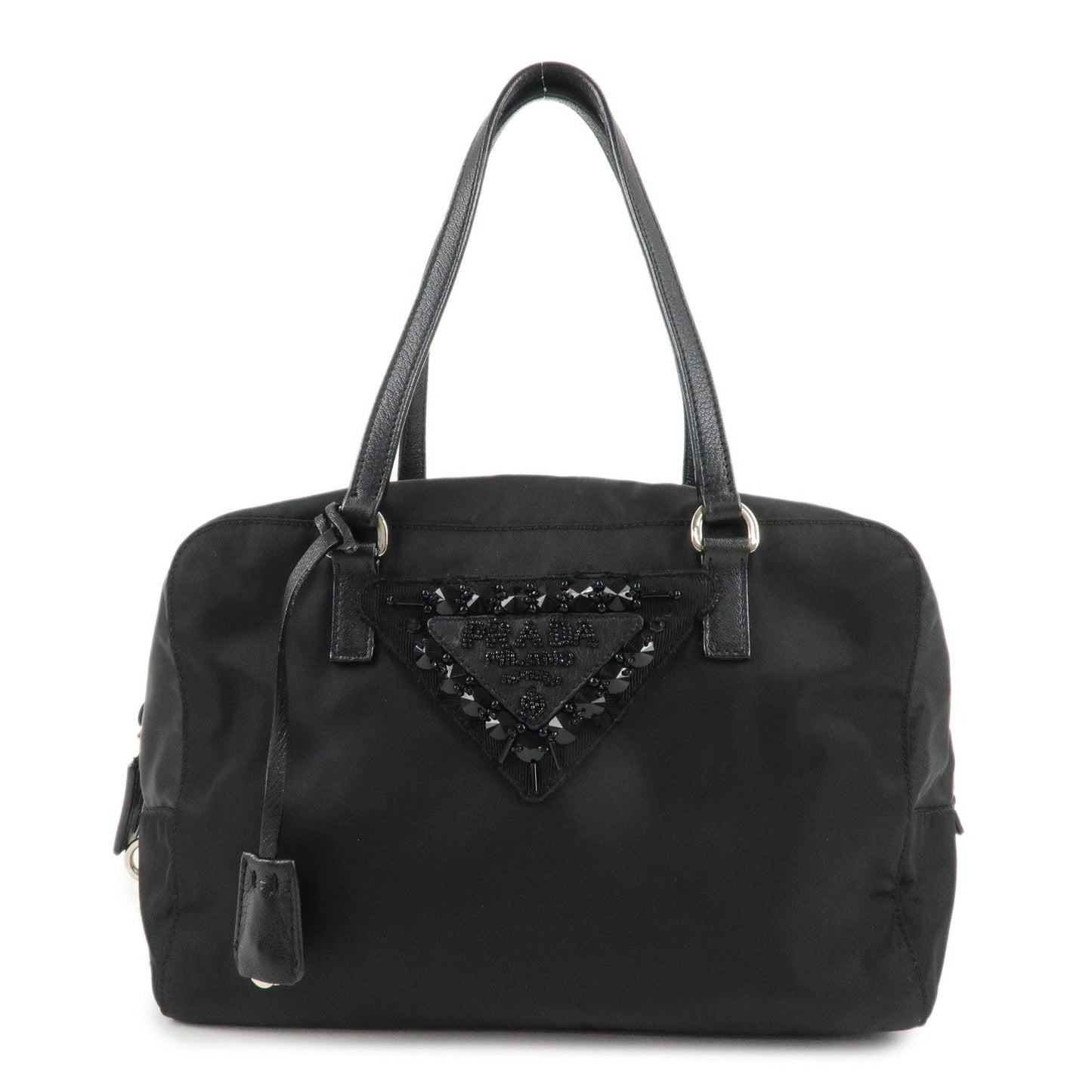 PRADA Evening Triangle Logo Leather Nylon Bijou Boston Bag Shoulder Bag