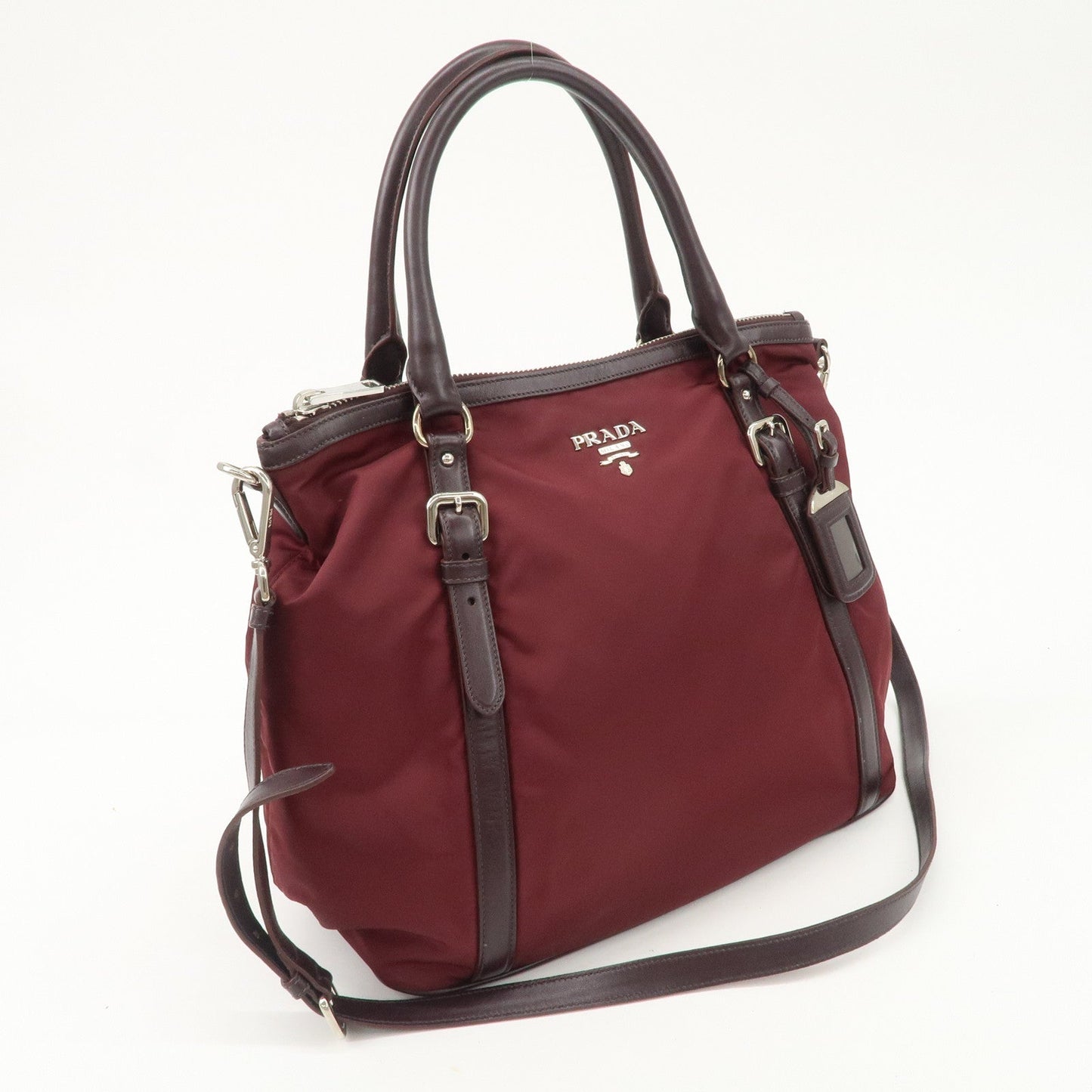 Prada Logo Tessuto Nylon Hand Bag Shoulder Bag Burgundy Red BR5116