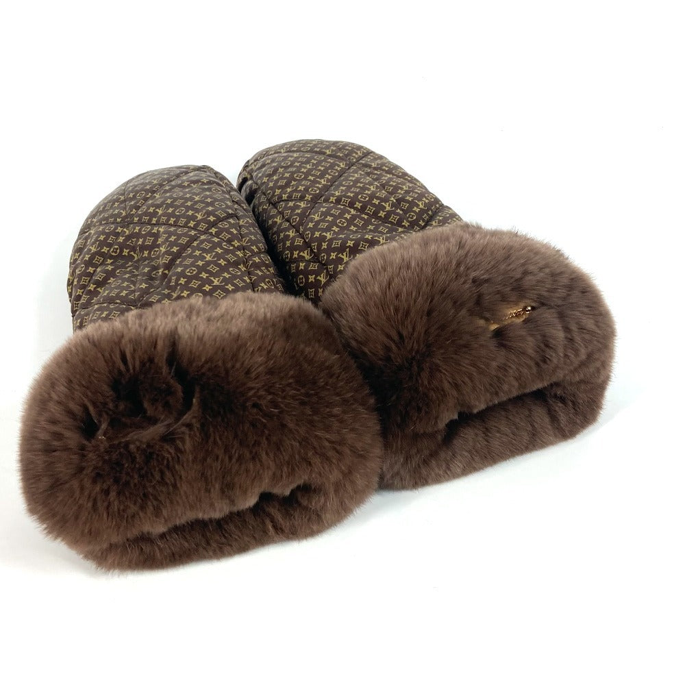 LOUIS VUITTON gloves M74273 Silk , Rabbit Brown monogram fur Morphle Igloo Mittens Women