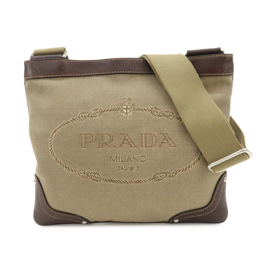 PRADA Logo Jacquard Leather Shoulder Bag Beige Brown BT0537