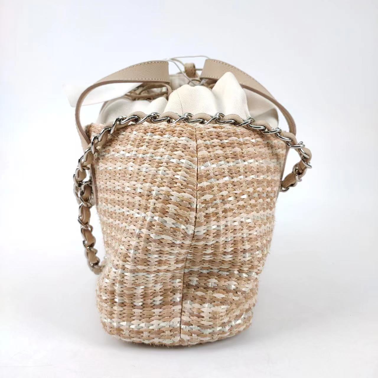 Chanel Deauville Chain Shoulder Bag Beige Raffia and Tweed