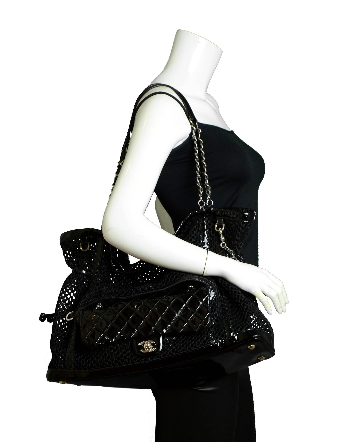 Chanel Black Mesh & Patent La Madrague 2 in 1 Tote/ Quilted Flap Bag