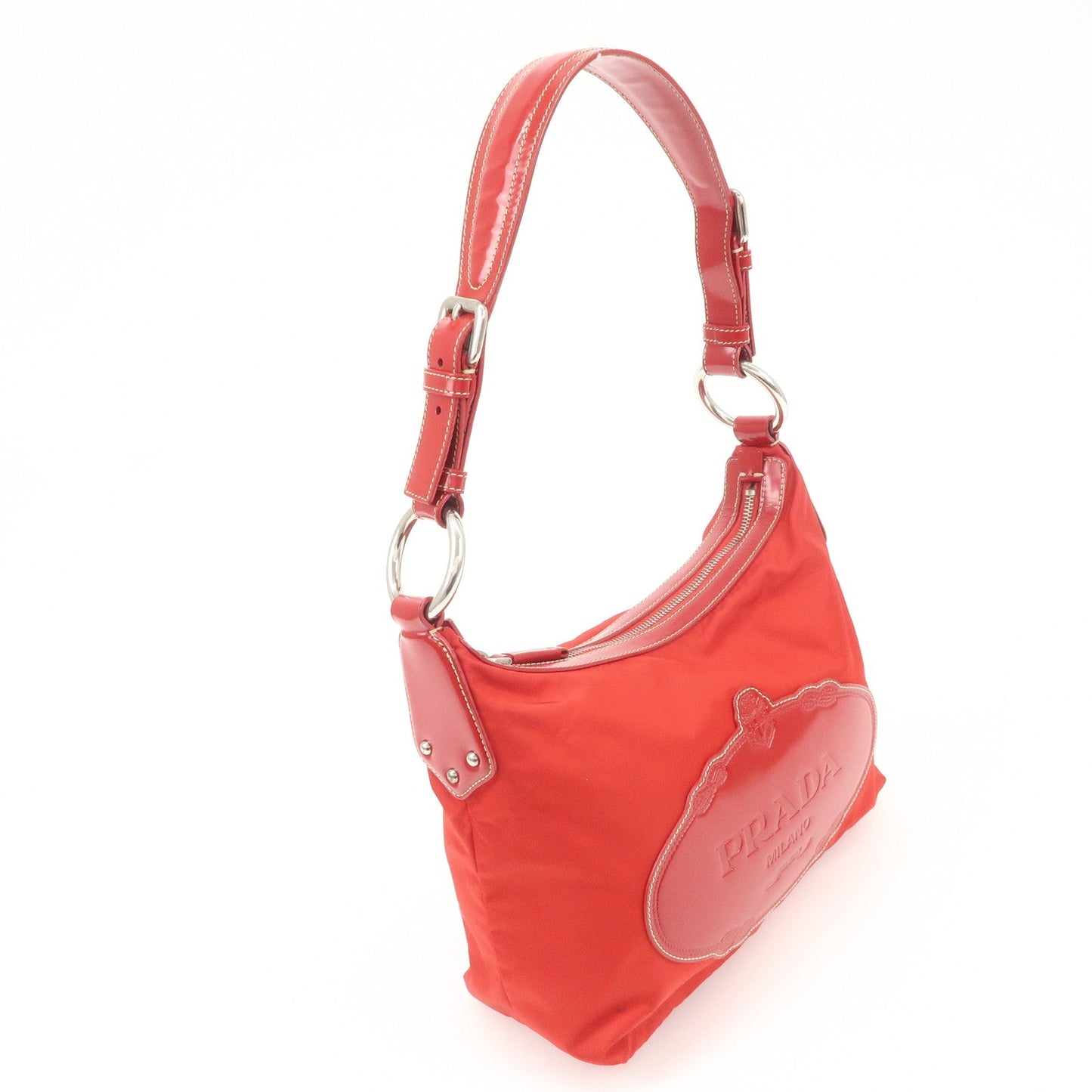 PRADA Logo Nylon Leather Shoulder Bag  Silver HDW Red