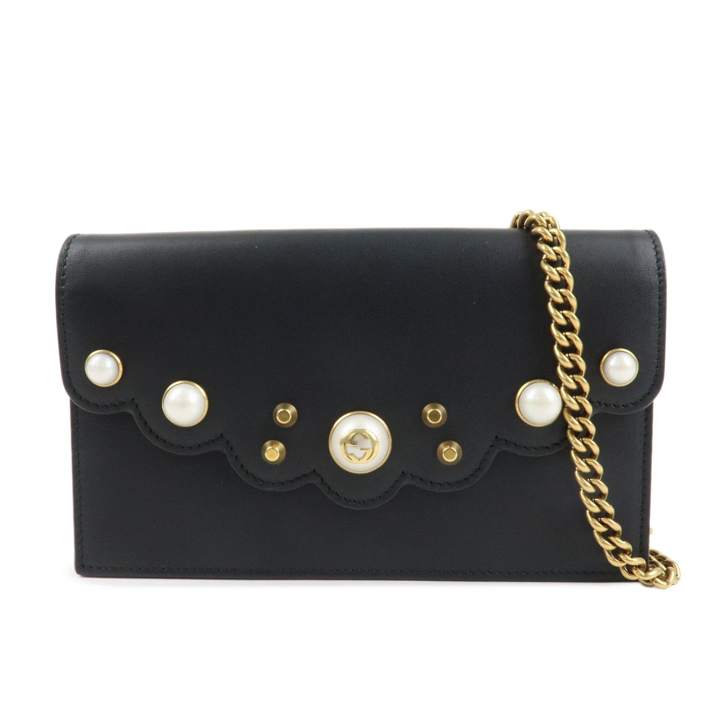 GUCCI GG Marmont Leather Chain Wallet Gold HDW Black 431478
