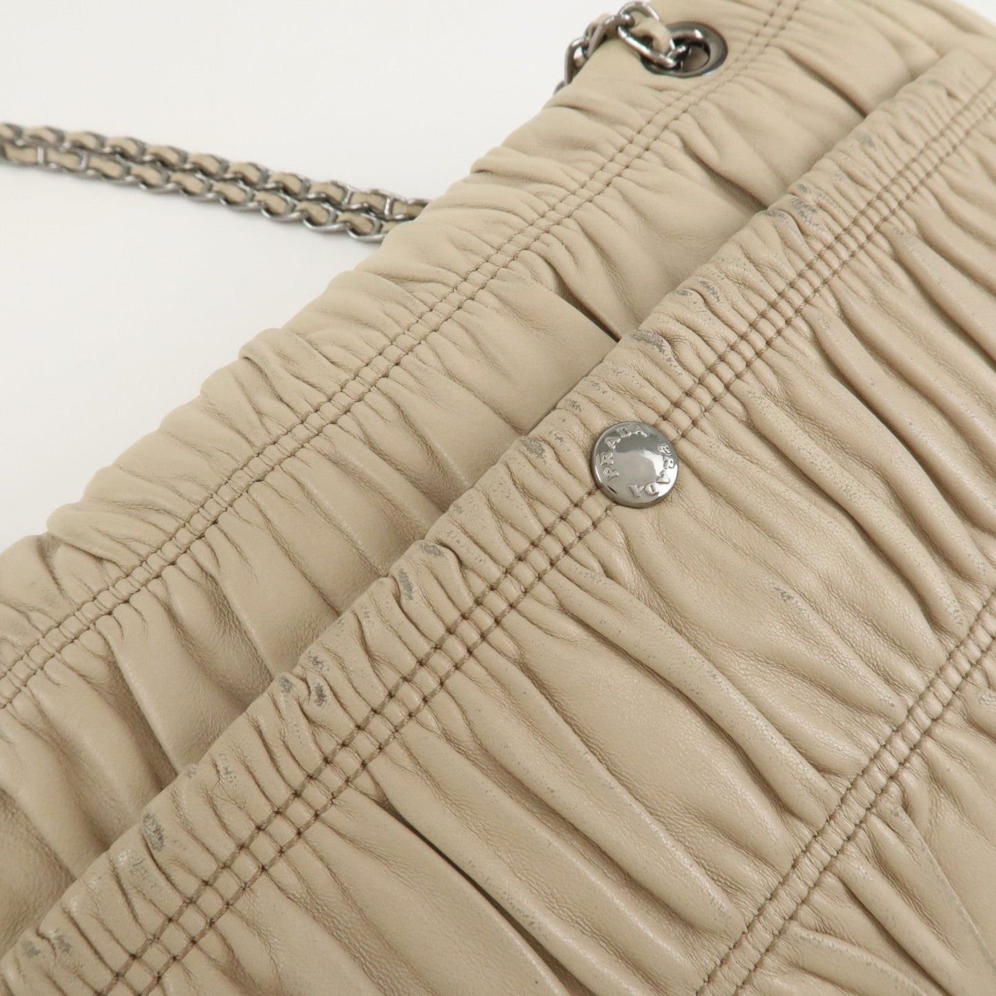 PRADA Leather Gathered Chain Shoulder Bag Ivory B4695C