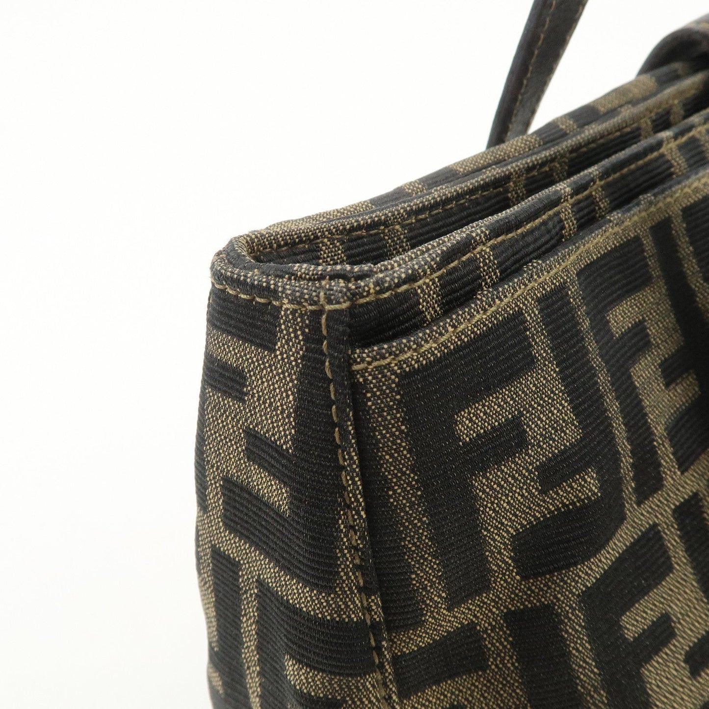 FENDI Zucca Canvas Leather Hand Bag Brown Black Gold Hardware