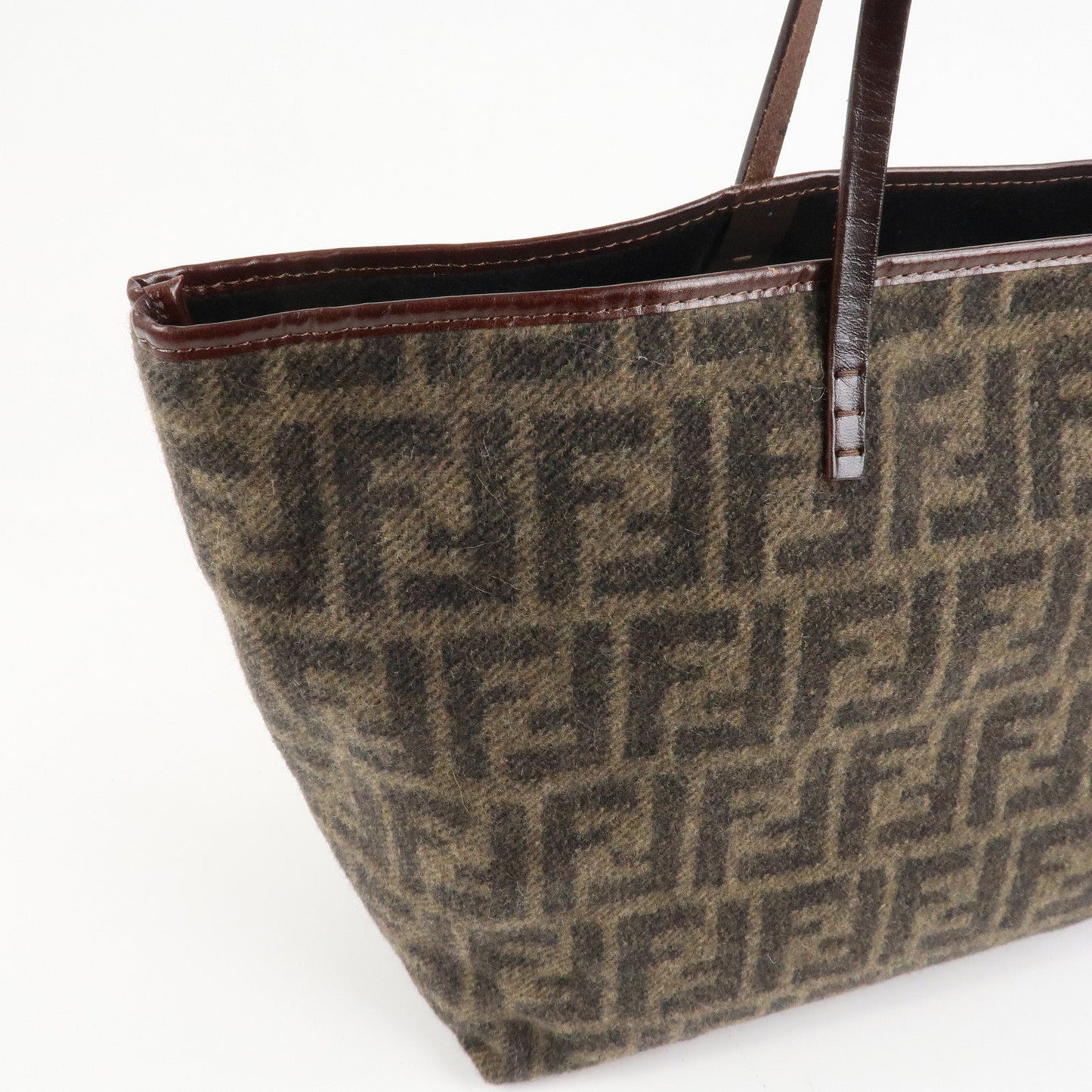 FENDI Zucca Wool Leather Tote Bag Khaki Black Dark Brown