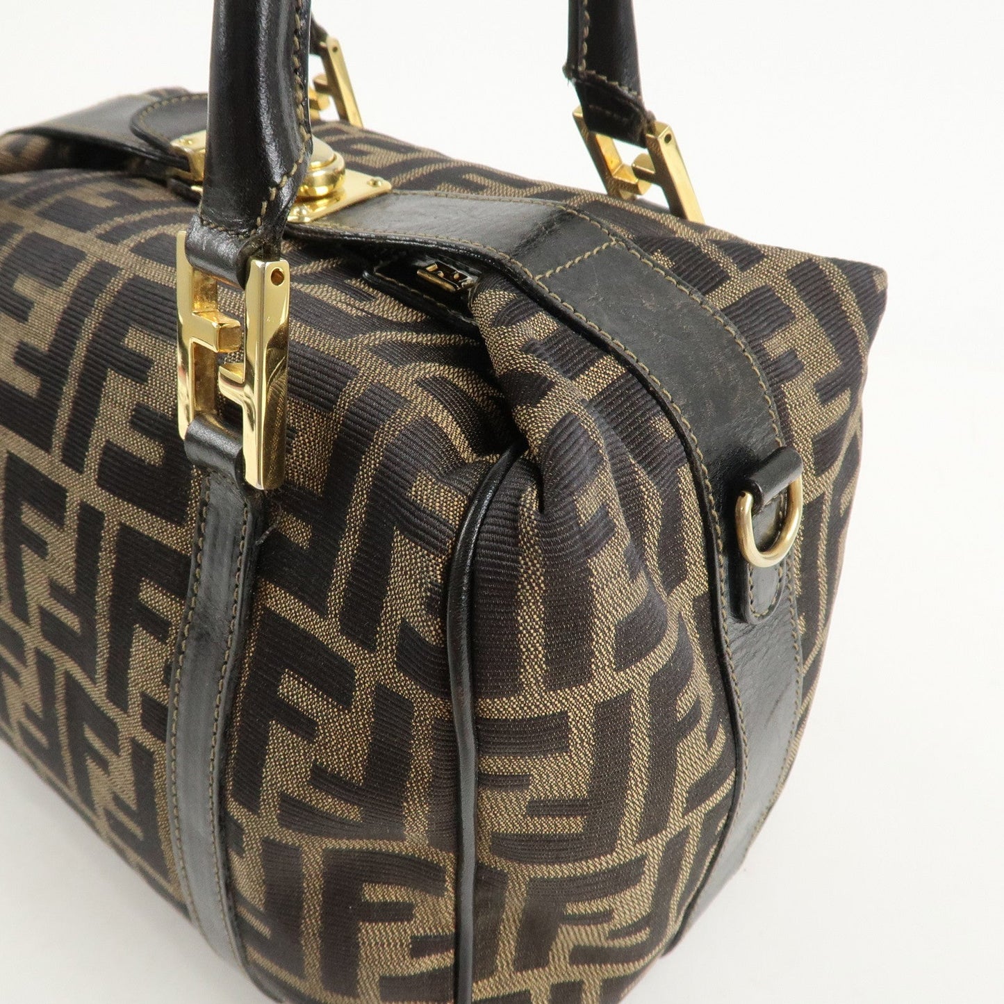 FENDI Zucca Canvas Leather Boston Bag Hand Bag Brown Black