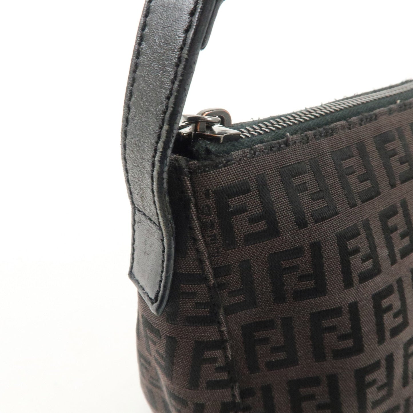 FENDI Zucchino Canvas Leather Shoulder Bag Dark Brown 8BR444