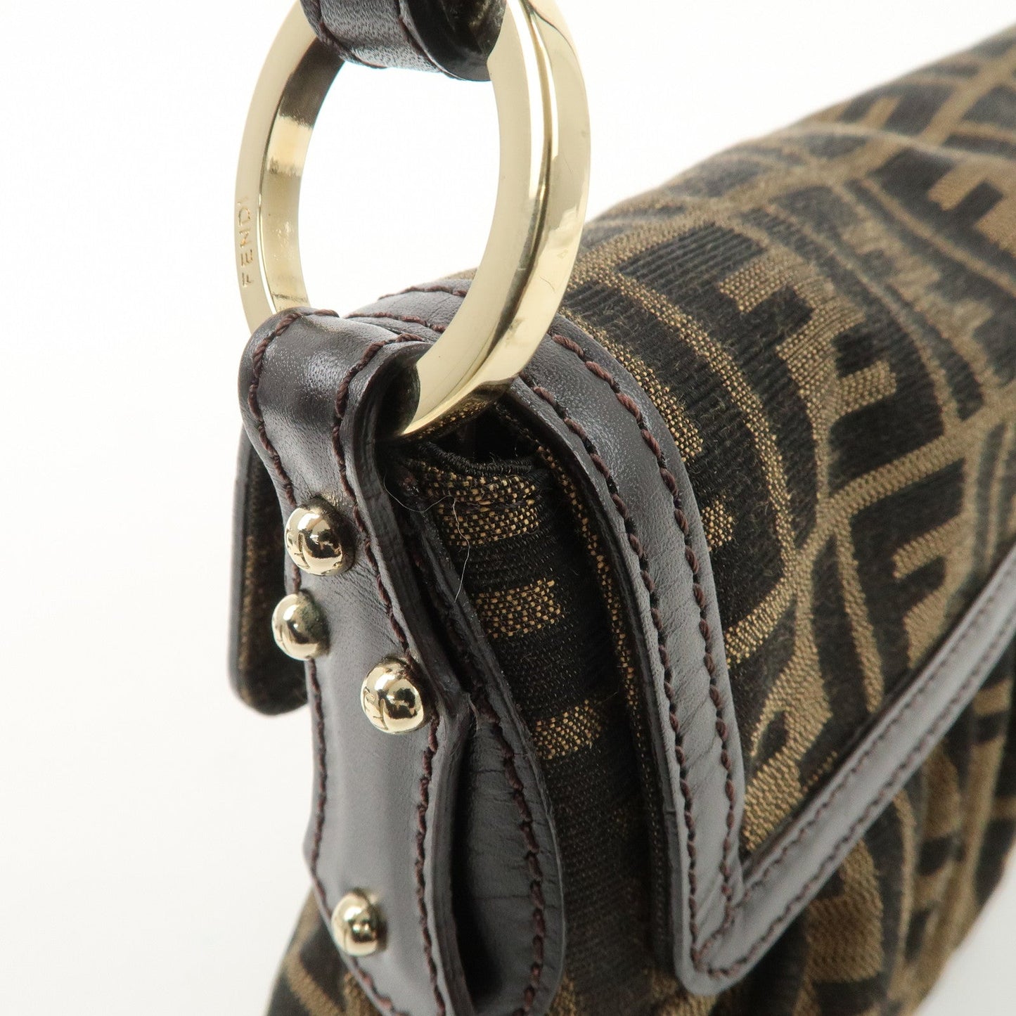 FENDI Zucca Canvas Leather Shoulder Bag Beige Brown 8BR445