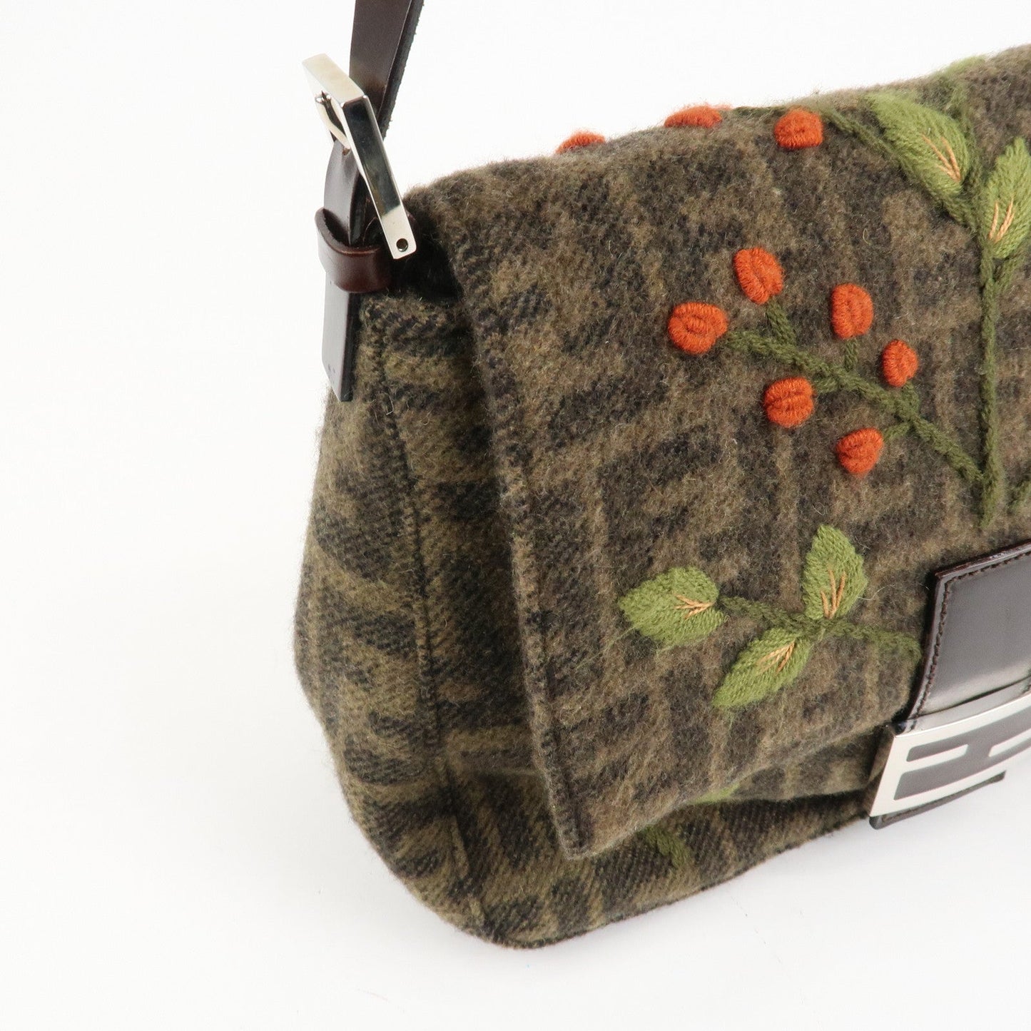 FENDI Mamma Baguette Zucca Wool Leather Shoulder Bag Flower