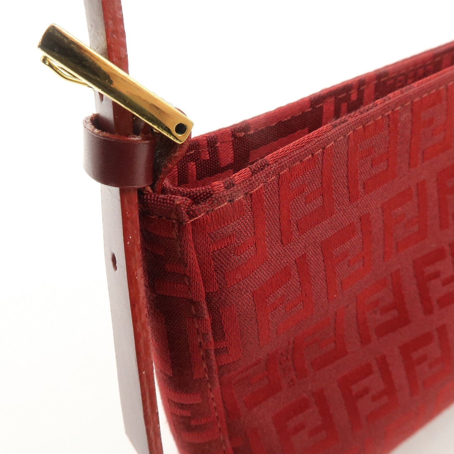 FENDI Zucchino Canvas Leather Shoulder Bag Purse Red 8BR042