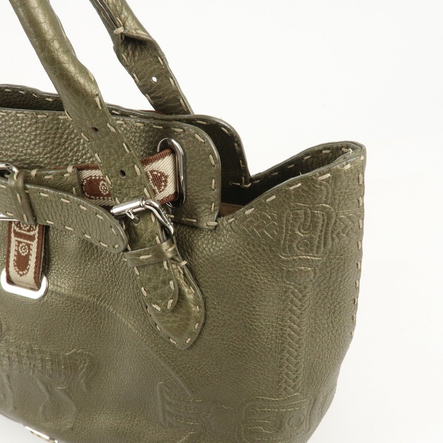 FENDI Selleria Leather Tote Bag Shoulder Bag Khaki 8BN155