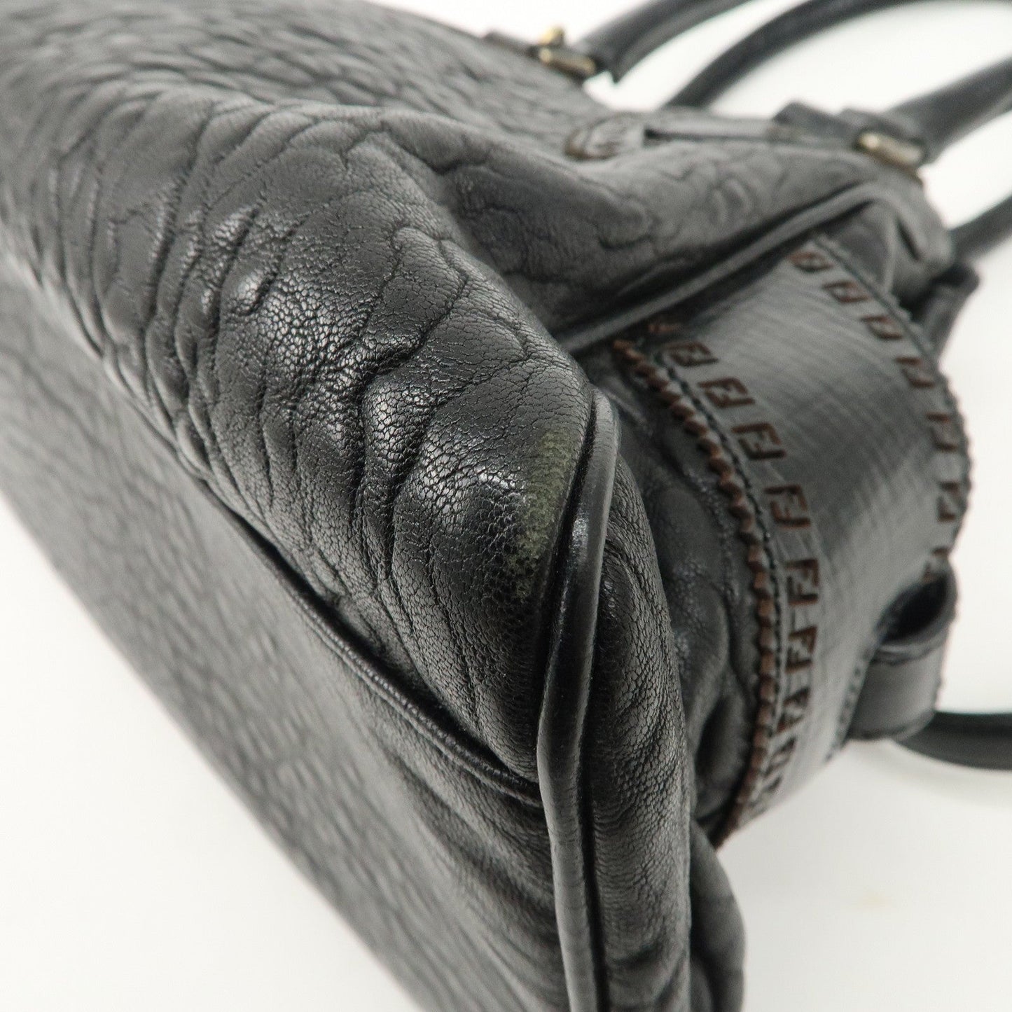 FENDI Ethnico Zucca Canvas Leather Shoulder Bag Black 8BN157