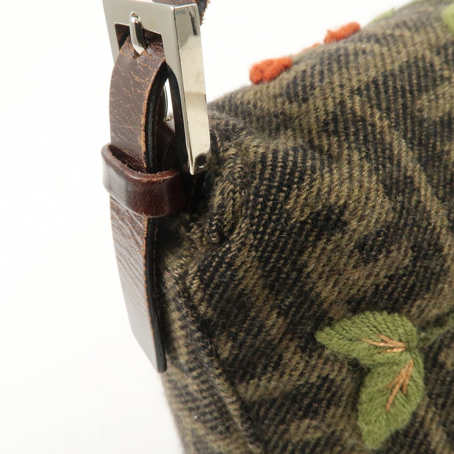 FENDI Mamma Baguette Wool Leather Shoulder Bag Tree Motif Khaki