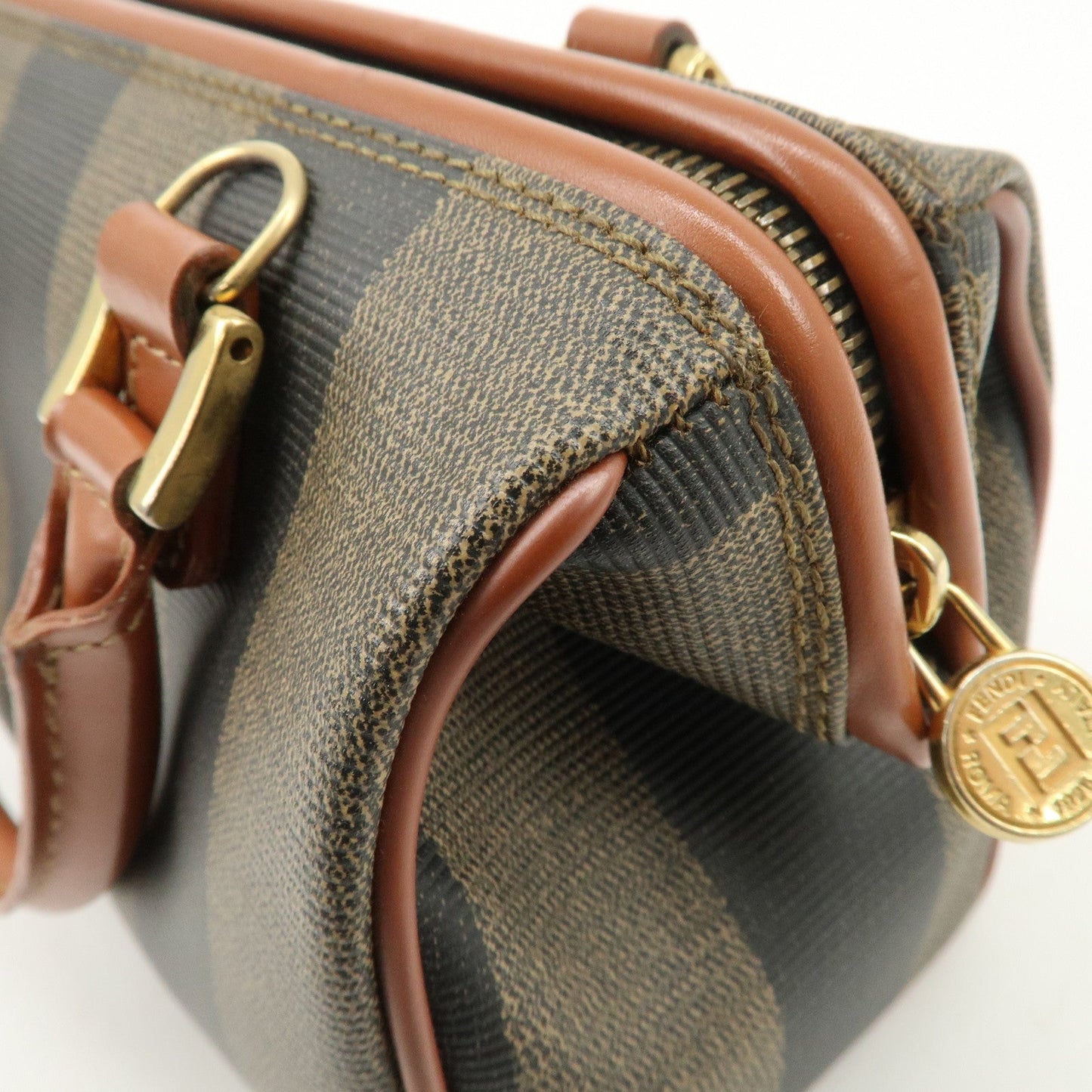 FENDI Pequin PVC Leather 2Way Mini Boston Bag Brown Black