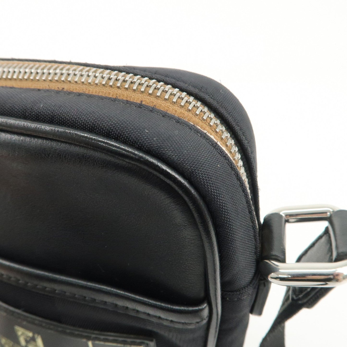 FENDI Pequin Nylon Leather Shoulder Bag Black 7VA456