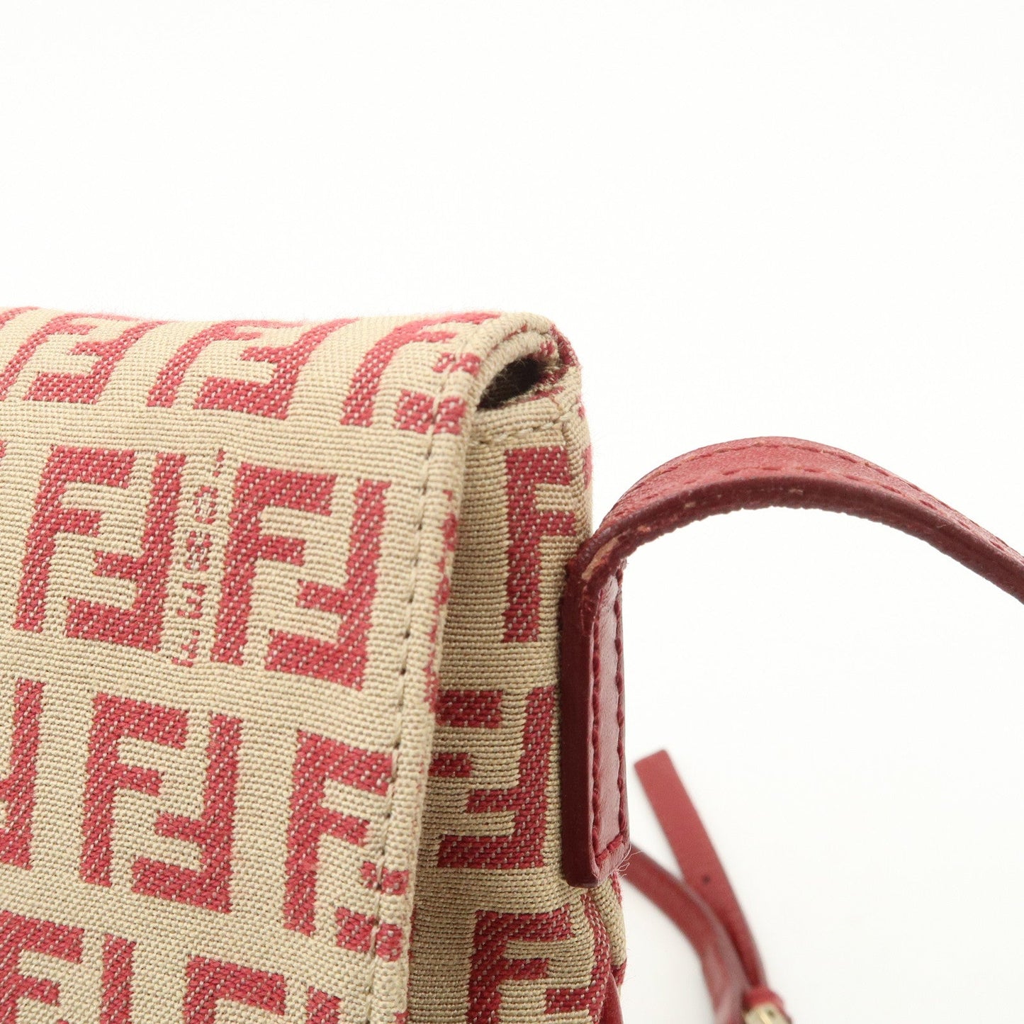 FENDI Zucchino Canvas Leather Shoulder Bag Beige Red 8BT075
