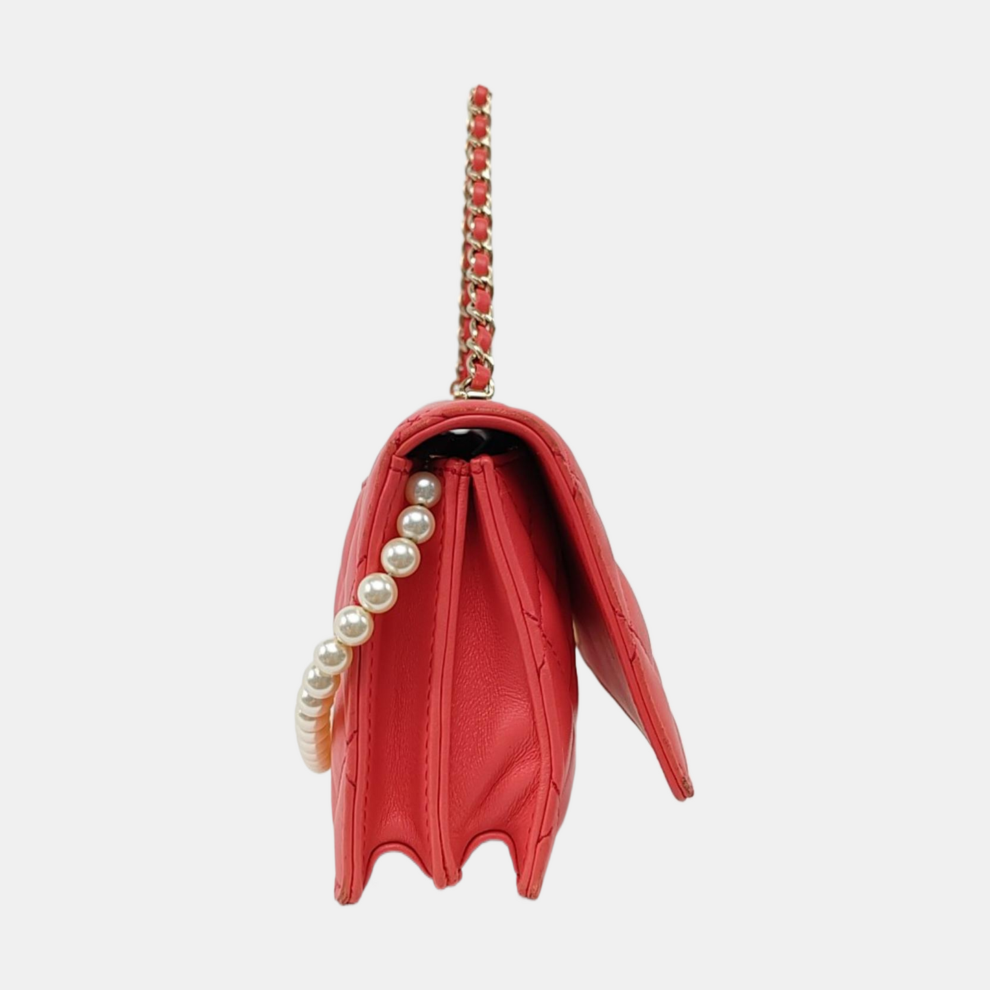 Chanel East West Single Flap Bag Pearl Chain Clutch Pink Lambskin