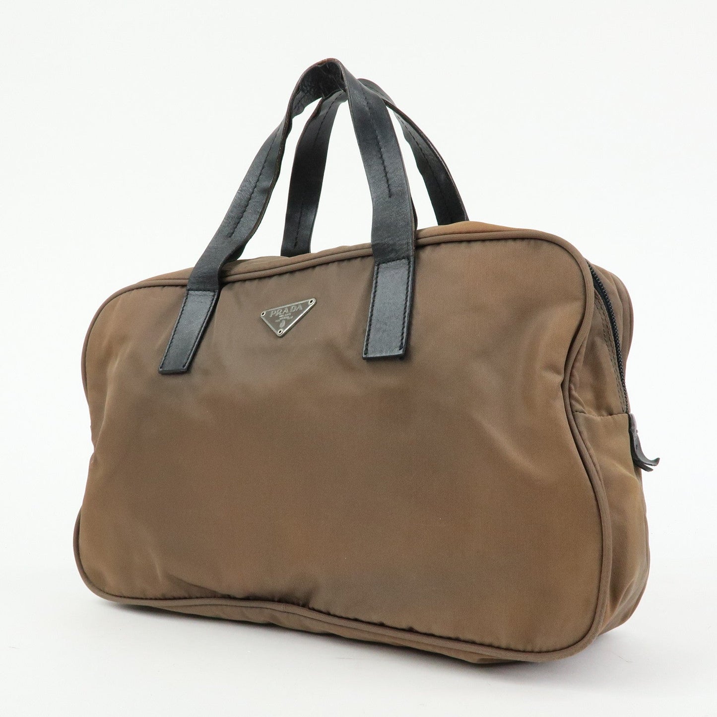 PRADA Triangle Logo Nylon Leather Hand Bag Brown Black