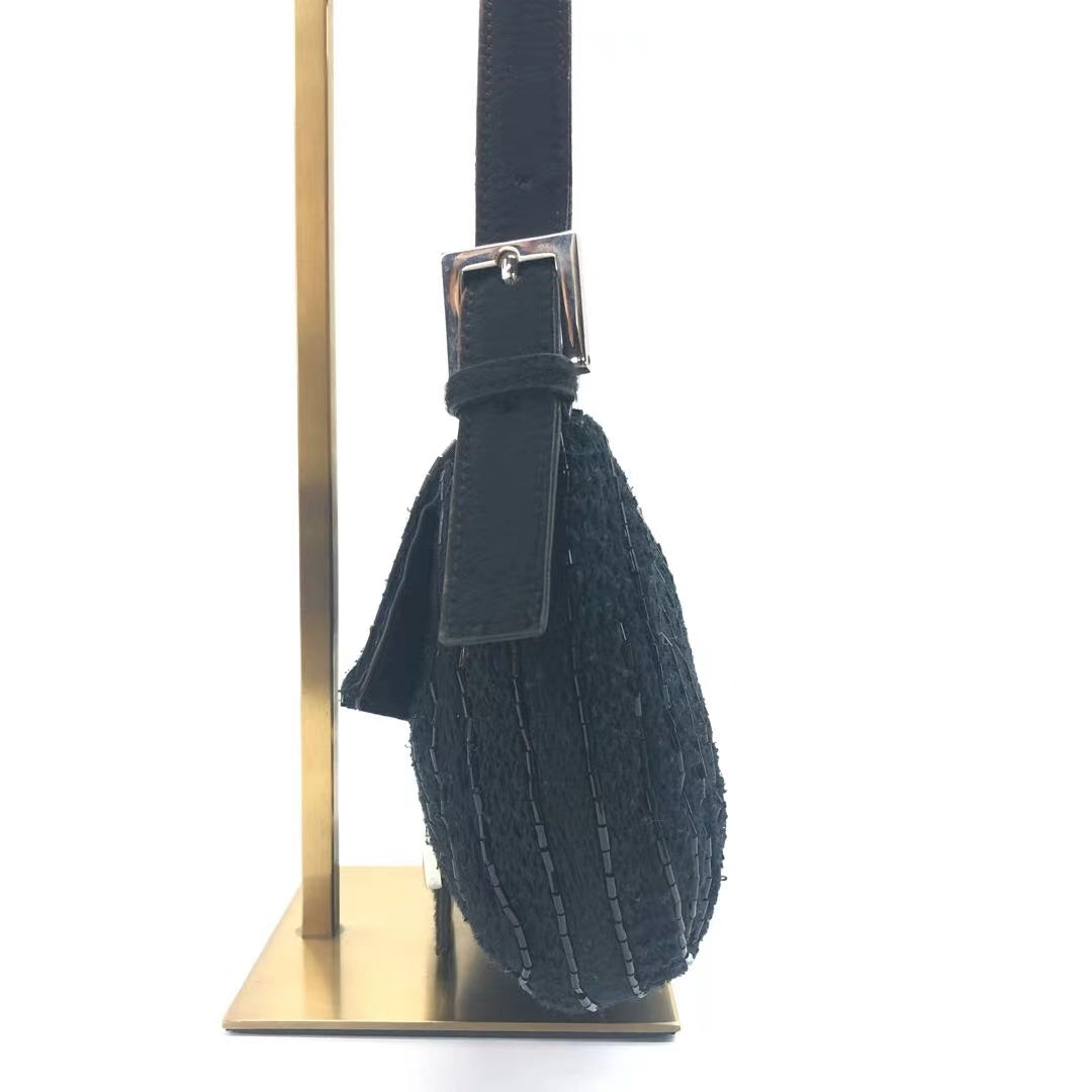 Fendi Baguette Vintage Black Glitter Beads and Cloth Knit Shoulder Bag