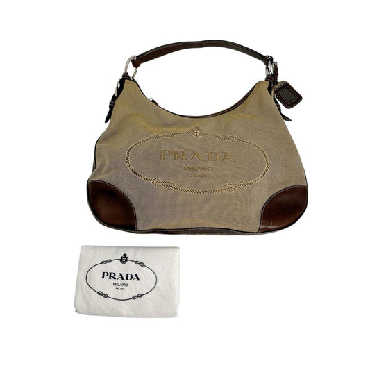 PRADA Handbag BR3423 Canvas, Leather beige one belt Logo jacquard Women